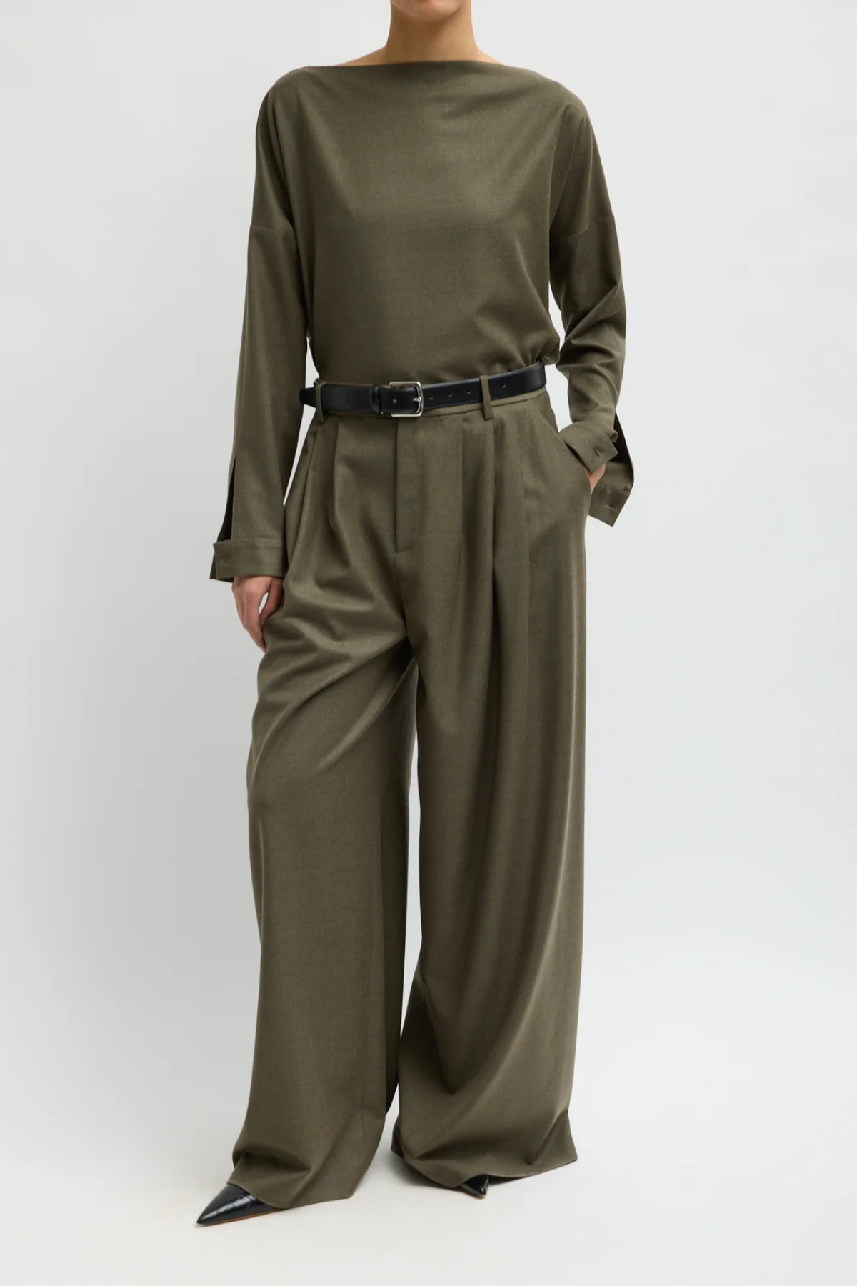 Tibi Cozy Flannel Boatneck Dolman Sleeve Top - Army Green