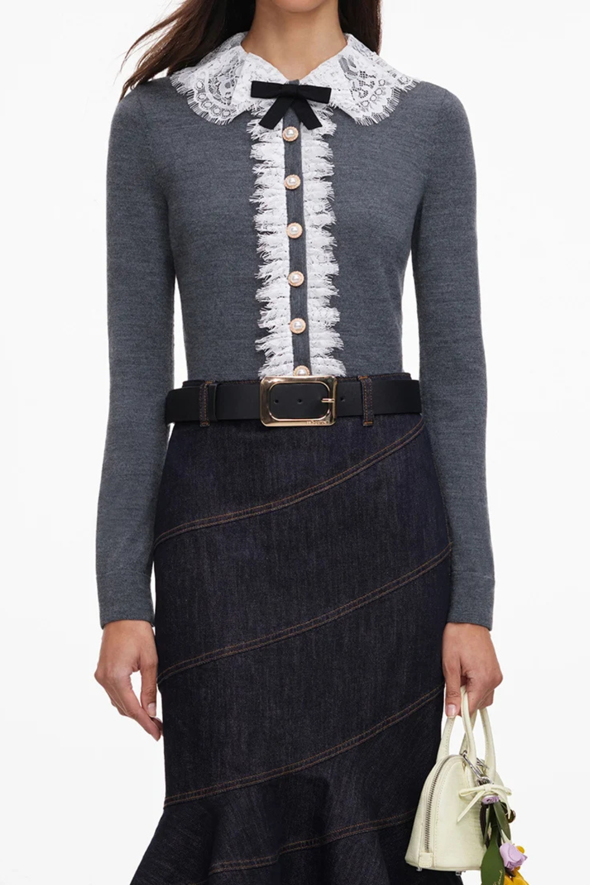 Self-Portrait Grey Lace Flower Knit Cardigan - Grey