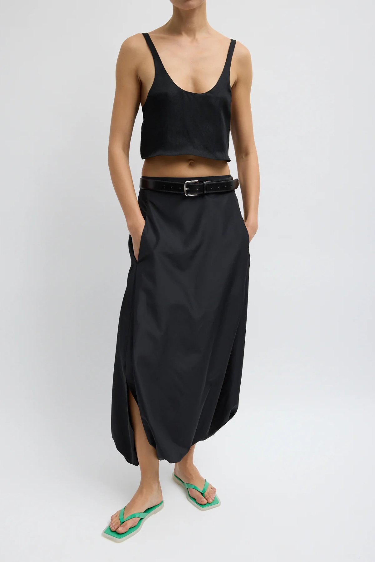 Tibi Summer Acetate Crinkle Cropped Tank - Black