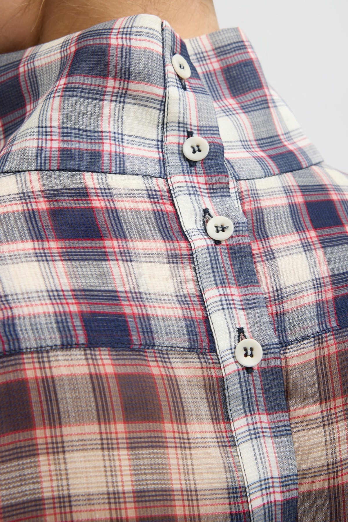 Tibi Silk Cotton Plaid Funnel Neck Shirt - Black/ Red Multi