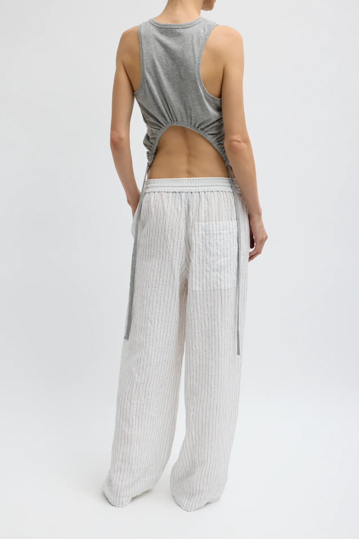 Tibi Crinkle Stripe Summer Suiting Wide Leg Pull On Pant - Ivory Multi