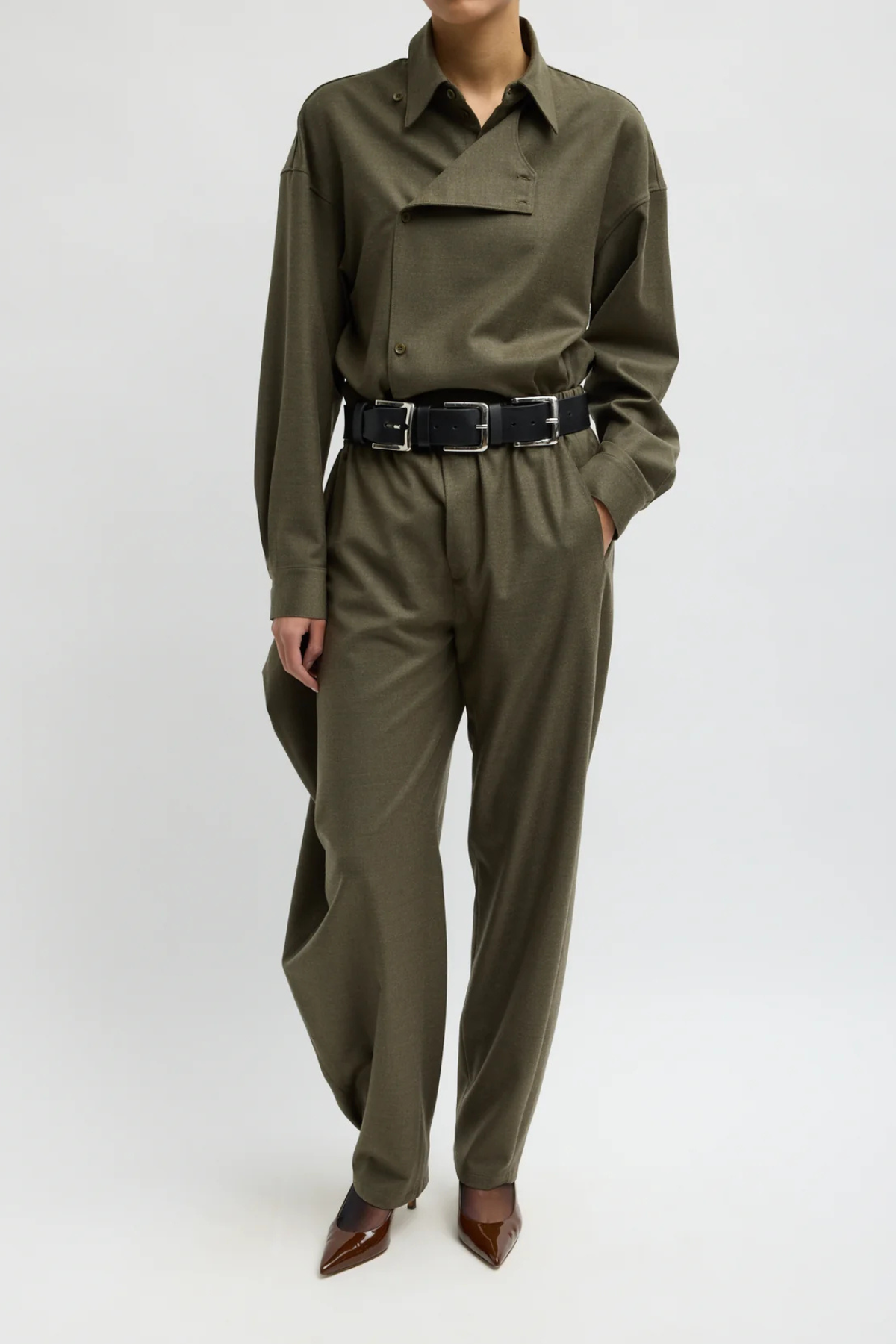 Tibi Cozy Flannel Side Drape Pant - Army Green