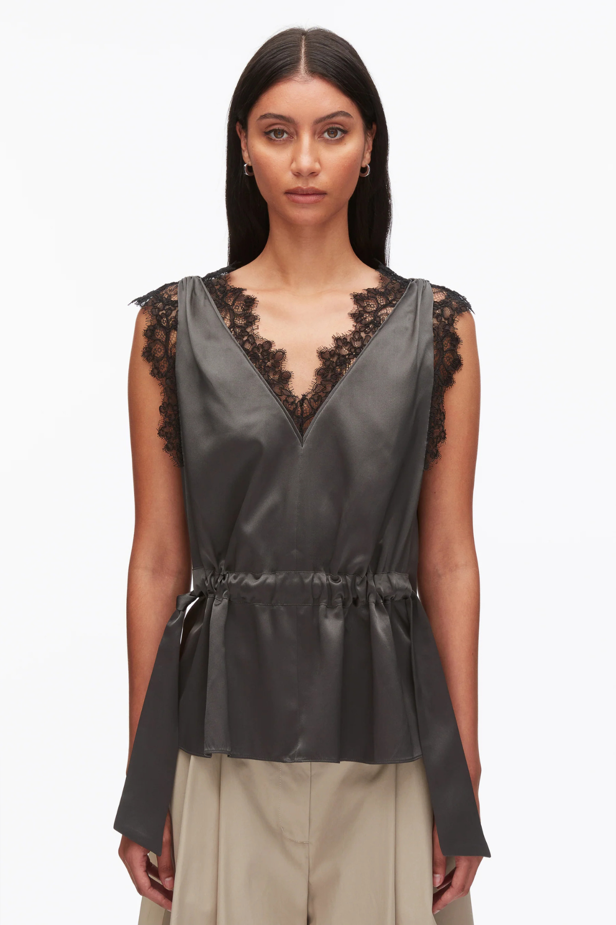 3.1 Phillip Lim Sleeveless Satin V-Neck Top With Lace Trim