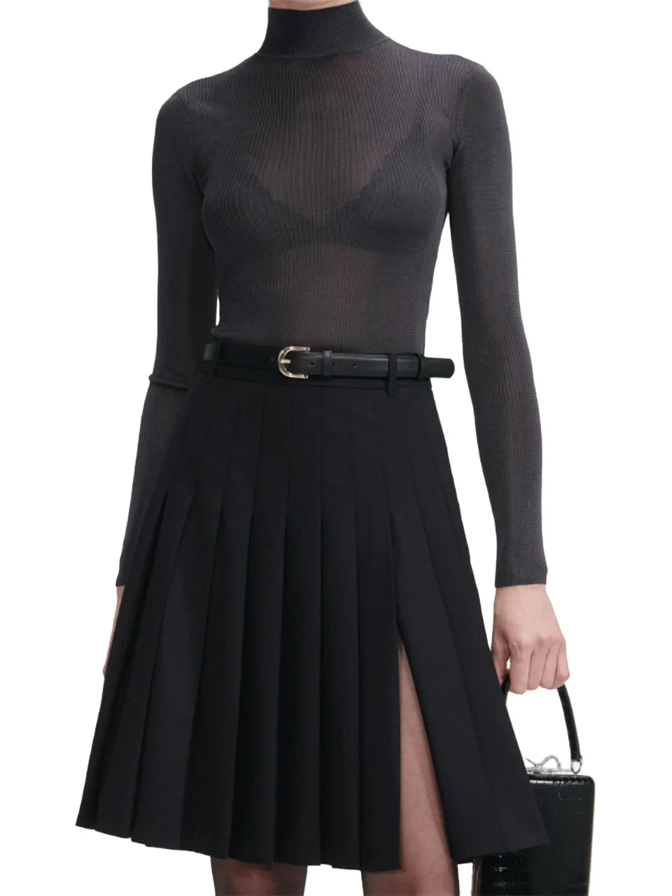 Self-Portrait Black Pleated Twill Midi Skirt