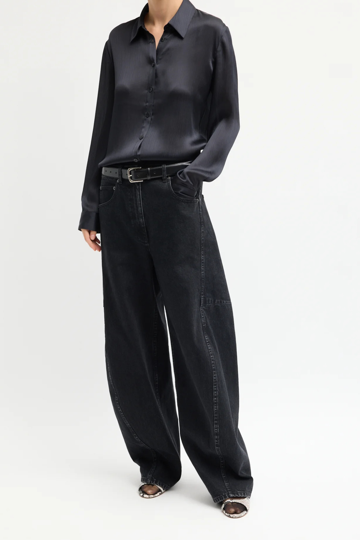 Tibi Matte Satin Plisse Slim Shirt in navy, featuring a slim silhouette and textured pleated matte satin fabric.