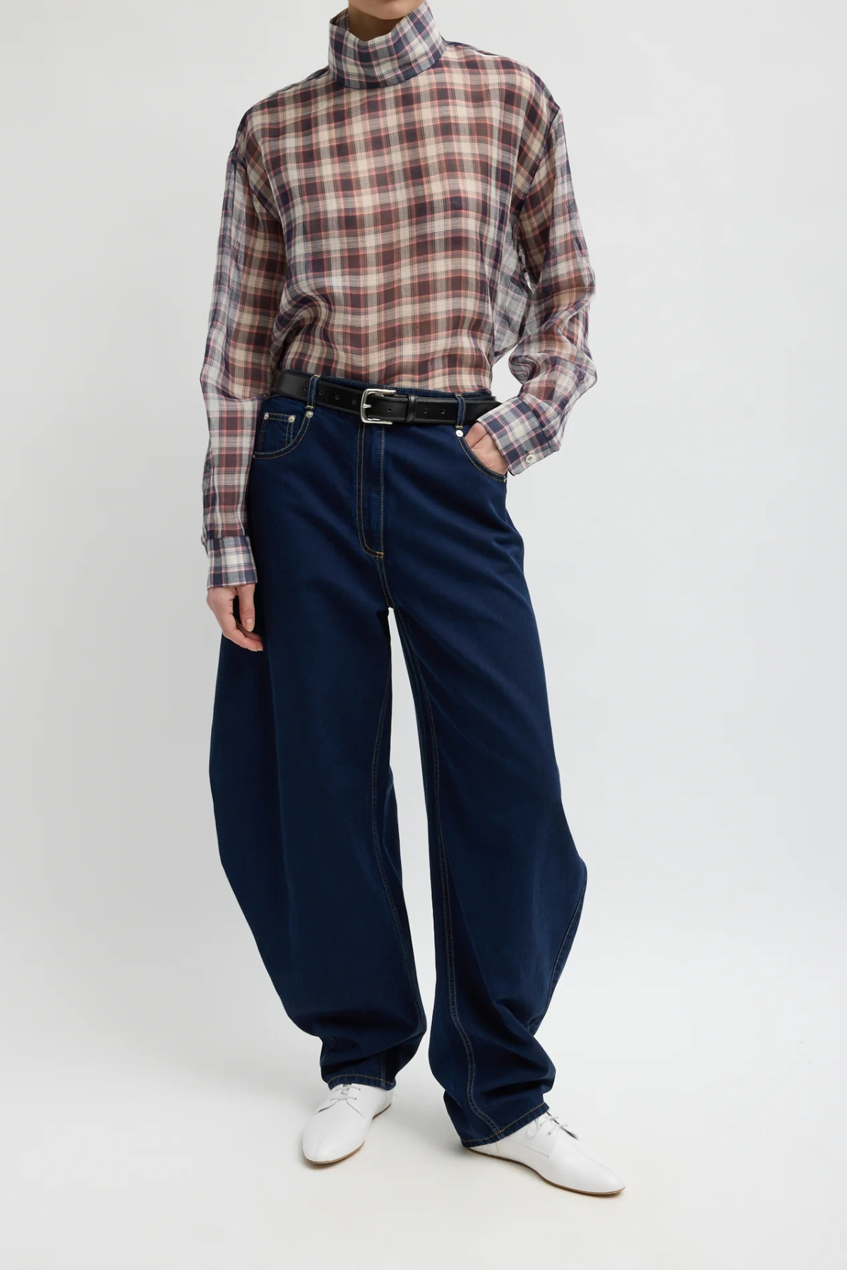 Tibi Silk Cotton Plaid Funnel Neck Shirt - Black/ Red Multi