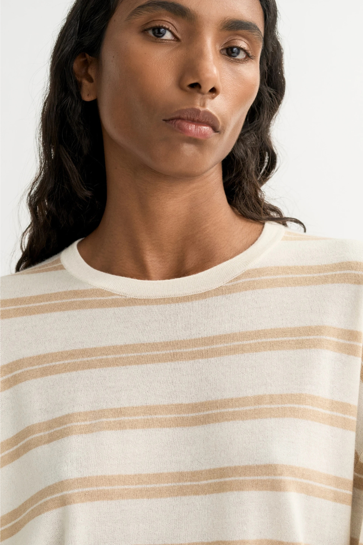 Soft Goat Fine Knit Striped Crewneck - Camel