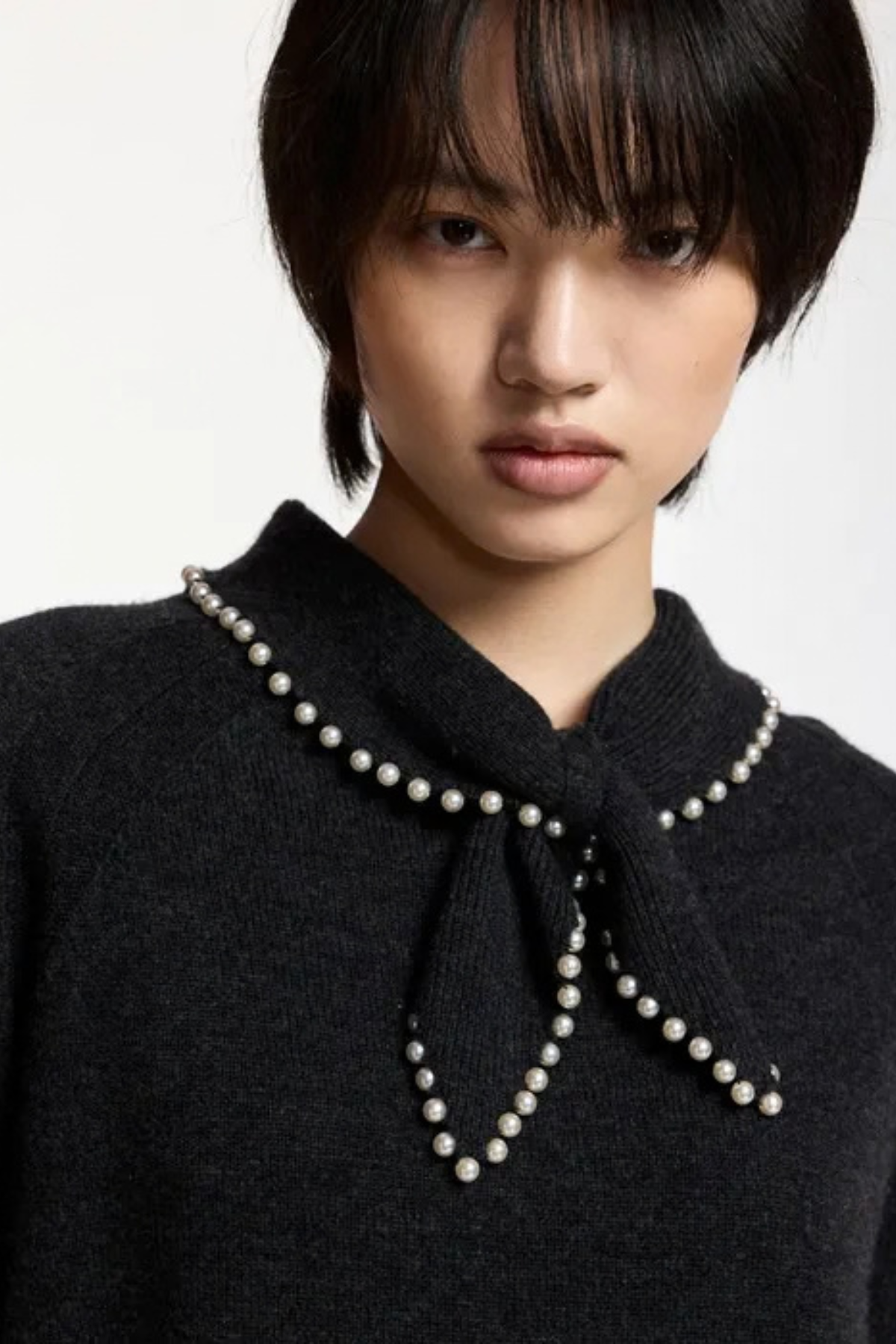 Essentiel Antwerp Kasa Pullover with Pearl Embellished Bow Collar - Black