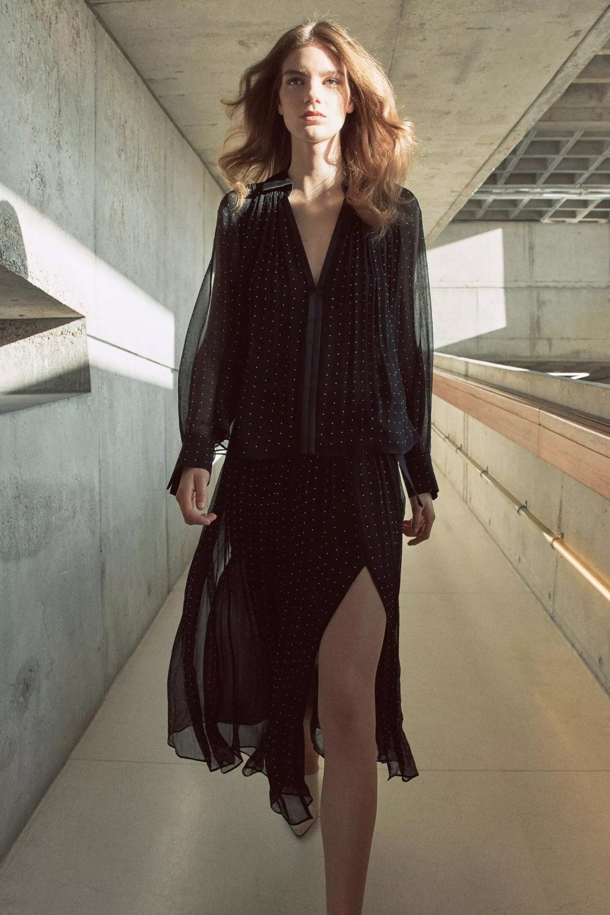 Vince Heat Set Dot Sheer Gathered Blouse - Black