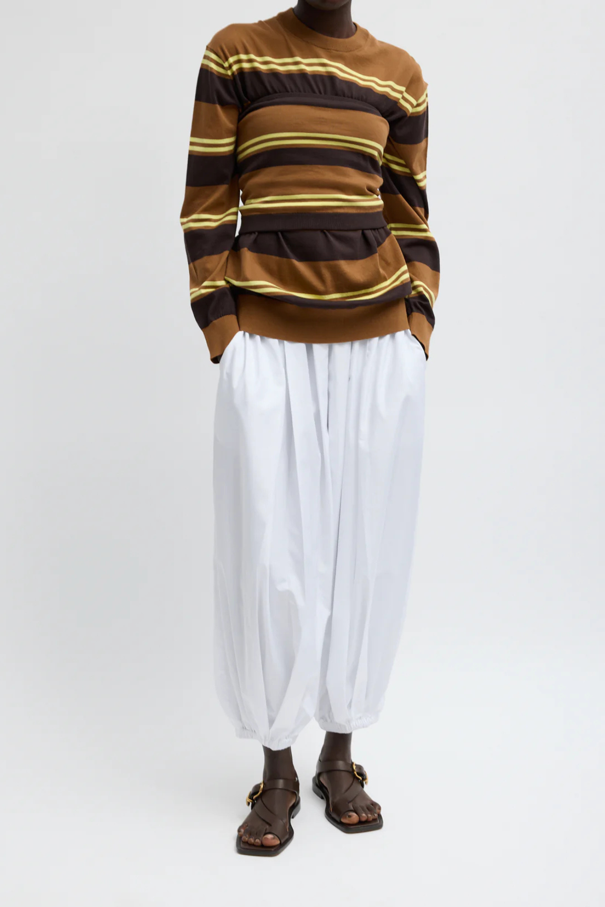 Tibi Super Fine Gauge Striped Perfect Crewneck Pullover - Brown Multi