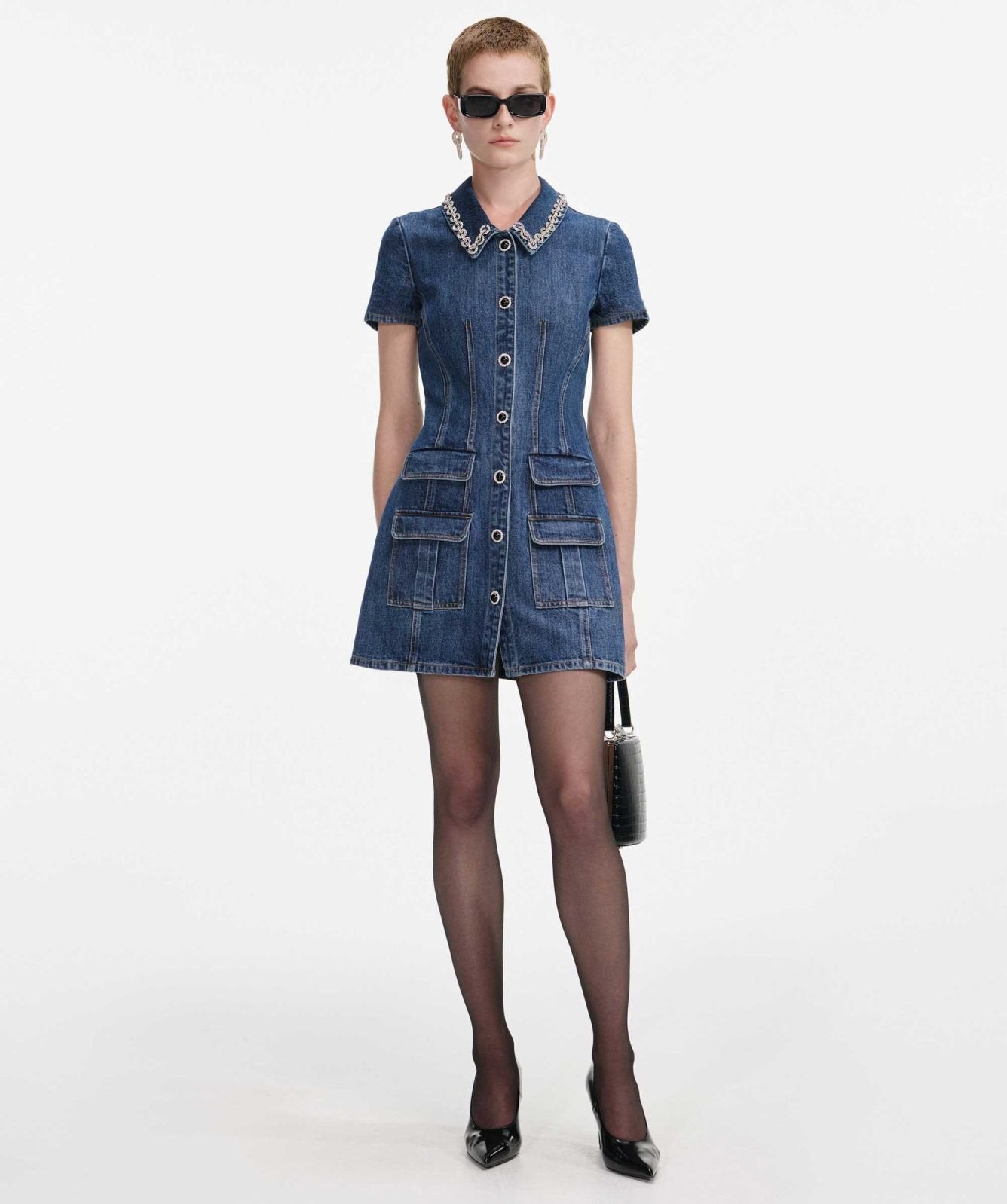 Self-Portrait Denim Crystal Trim Collared Mini Dress