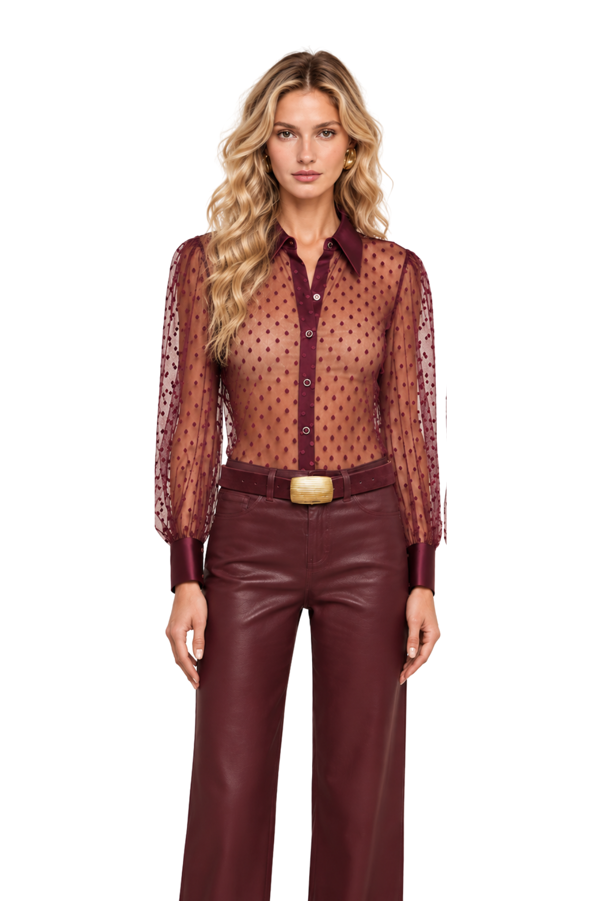 L'AGENCE Sophie Long Sleeve Blouse - Deep Sangria Swiss Dot