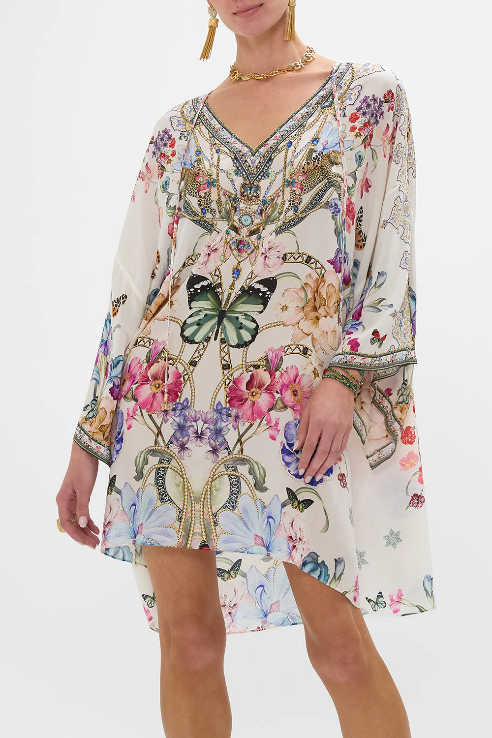 Camilla V-Neck Short Kaftan With Ties