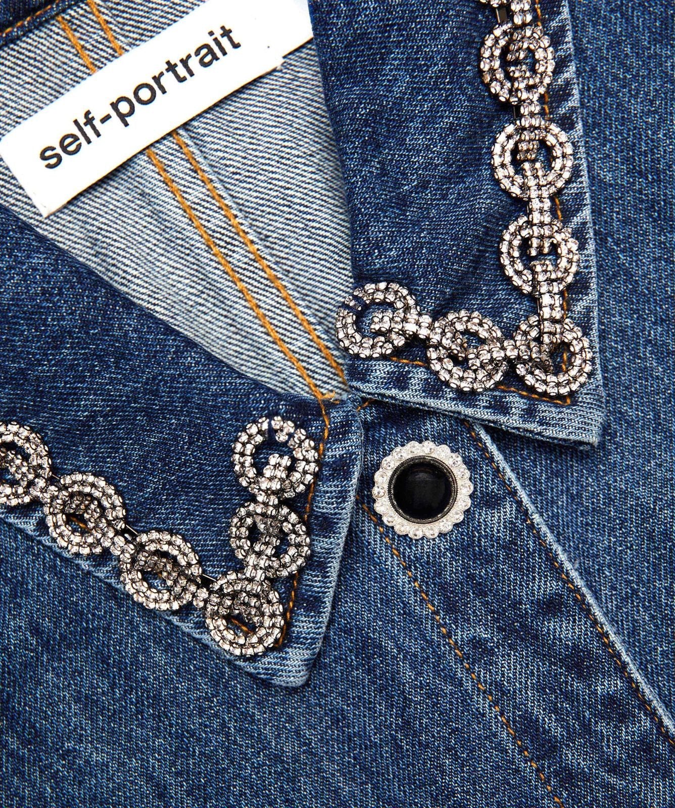 Minivestido de mezclilla con cuello y ribete de cristal de Self-Portrait