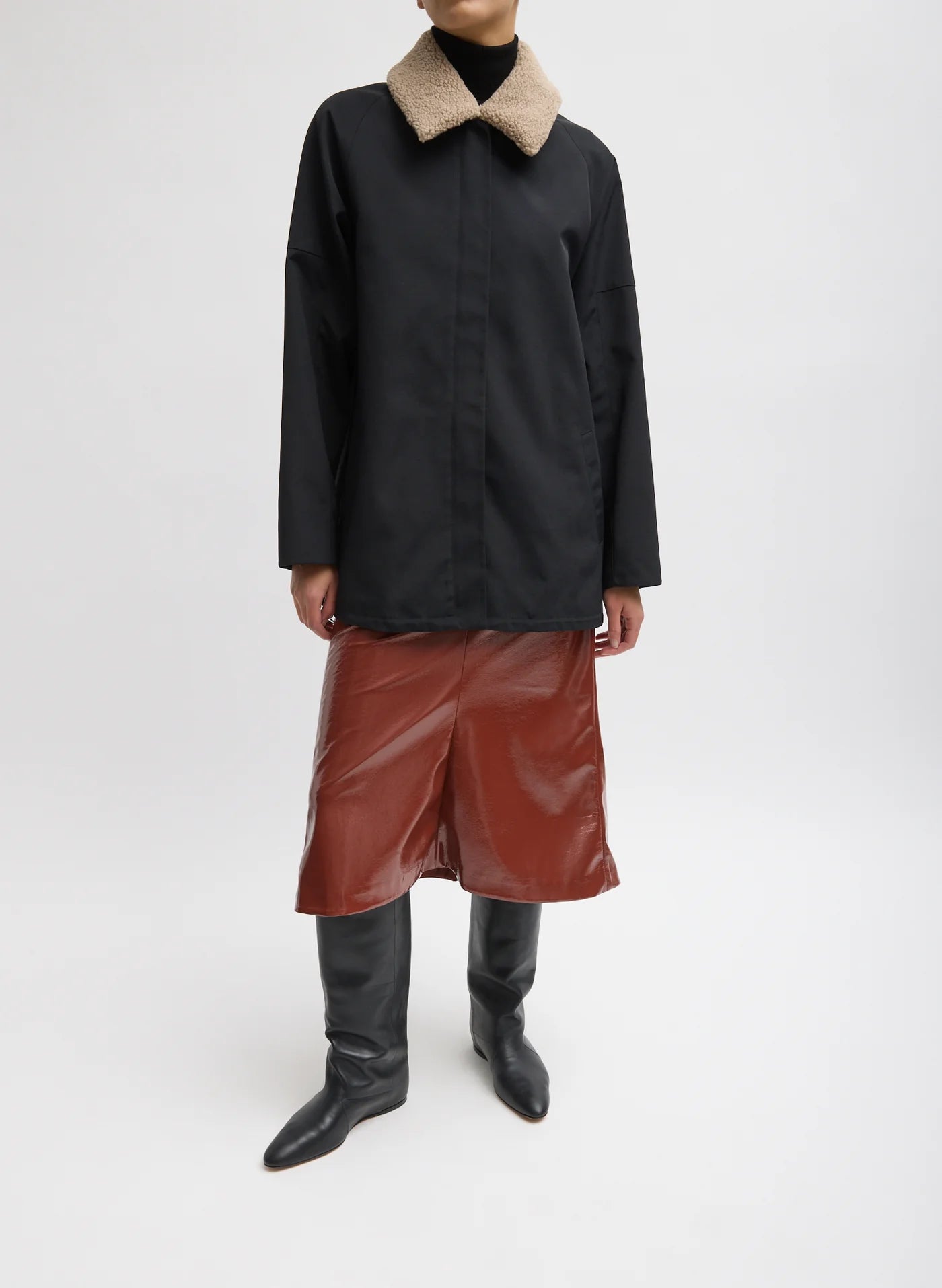 Tibi Lotte Nylon Carcoat With Removable Sherpa Collar