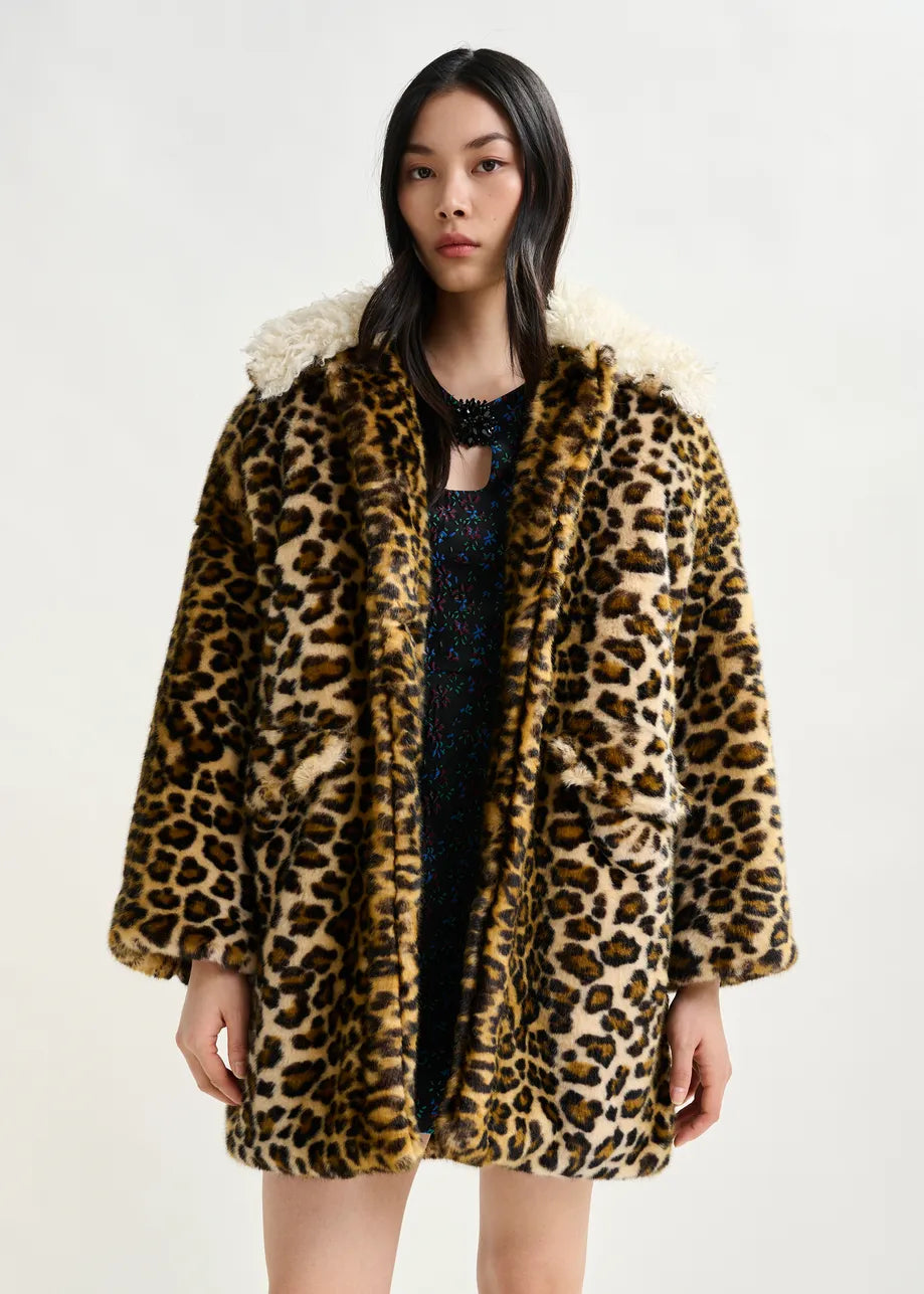 Essentiel Antwerp Leopard Print Faux Fur Coat With Contrast Collar