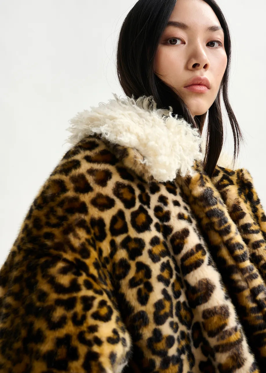 Essentiel Antwerp Leopard Print Faux Fur Coat With Contrast Collar