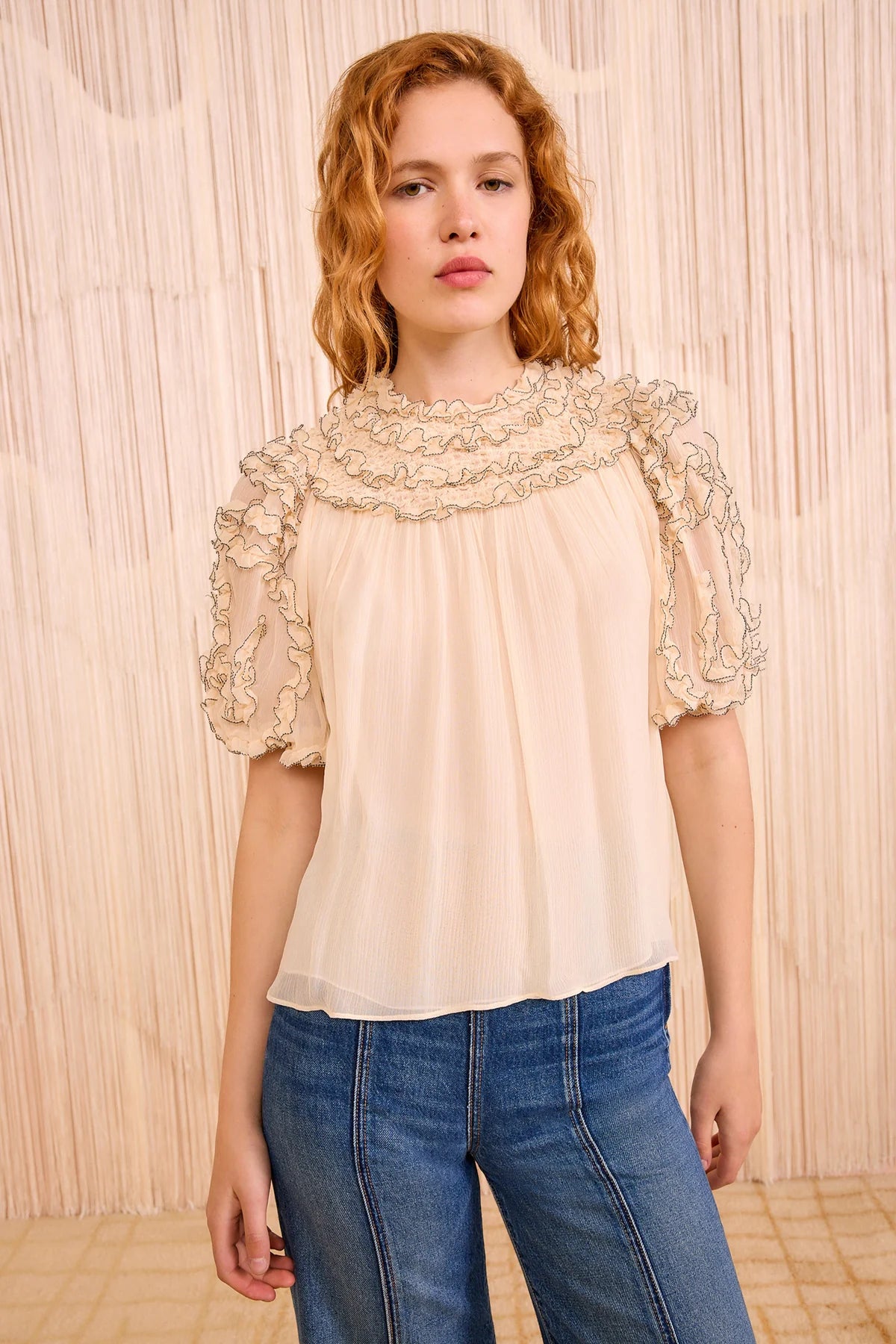 Ulla Johnson Isolda Silk Smocked Short Sleeve Blouse