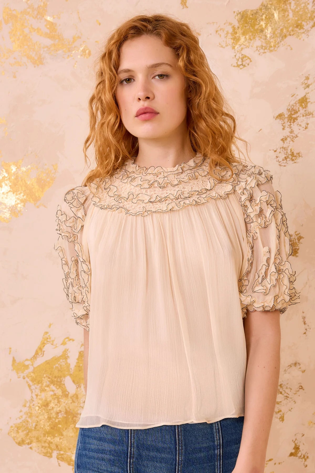 Ulla Johnson Isolda Silk Smocked Short Sleeve Blouse