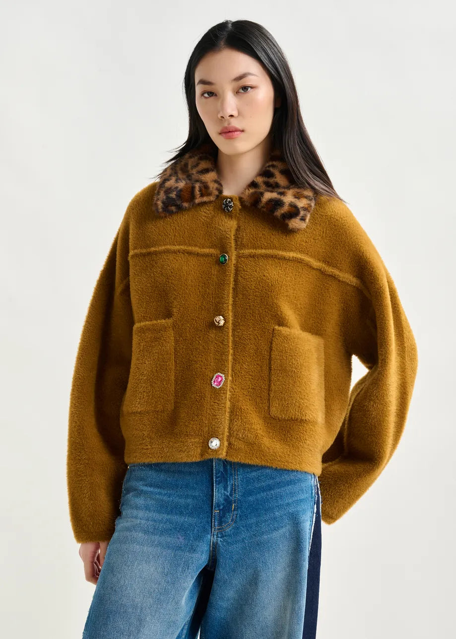 Essentiel Antwerp Cardigan With Removable Leopard Faux Fur Collar