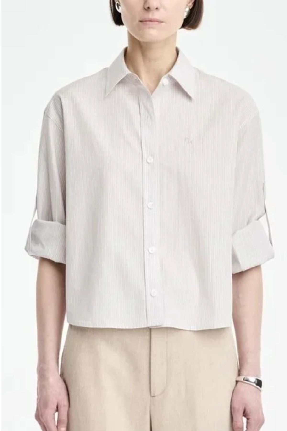 MARIA McMANUS Button Sleeve Crop Shirt - Smoke Stripe