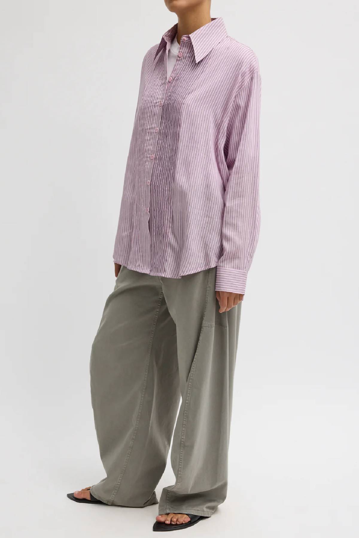 Tibi Ultra Light Silk Tencel Striped Pintucked Shirt - Pink Multi