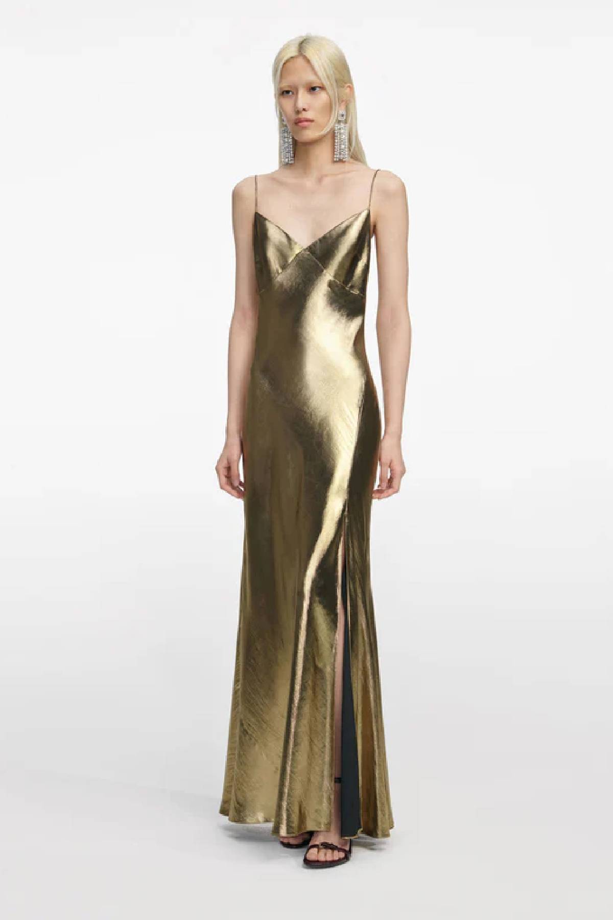 Self-Portrait Gold Metallic Strappy Maxi Dress
