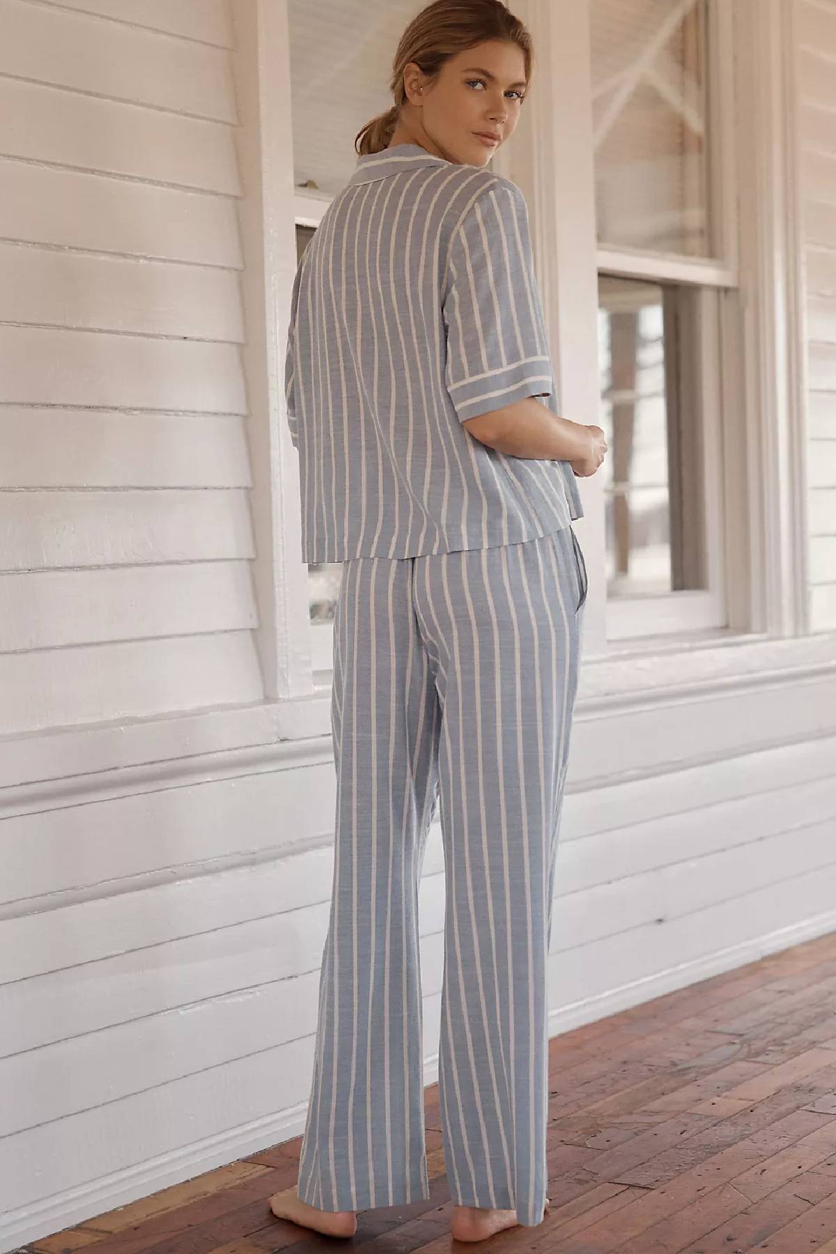 Eberjey Nautico Relaxed Short Sleeve & Pant PJ Set - Classic Stripe Slate Blue/ Ivory