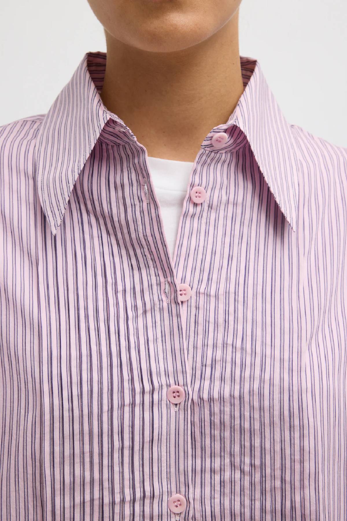Tibi Ultra Light Silk Tencel Striped Pintucked Shirt - Pink Multi