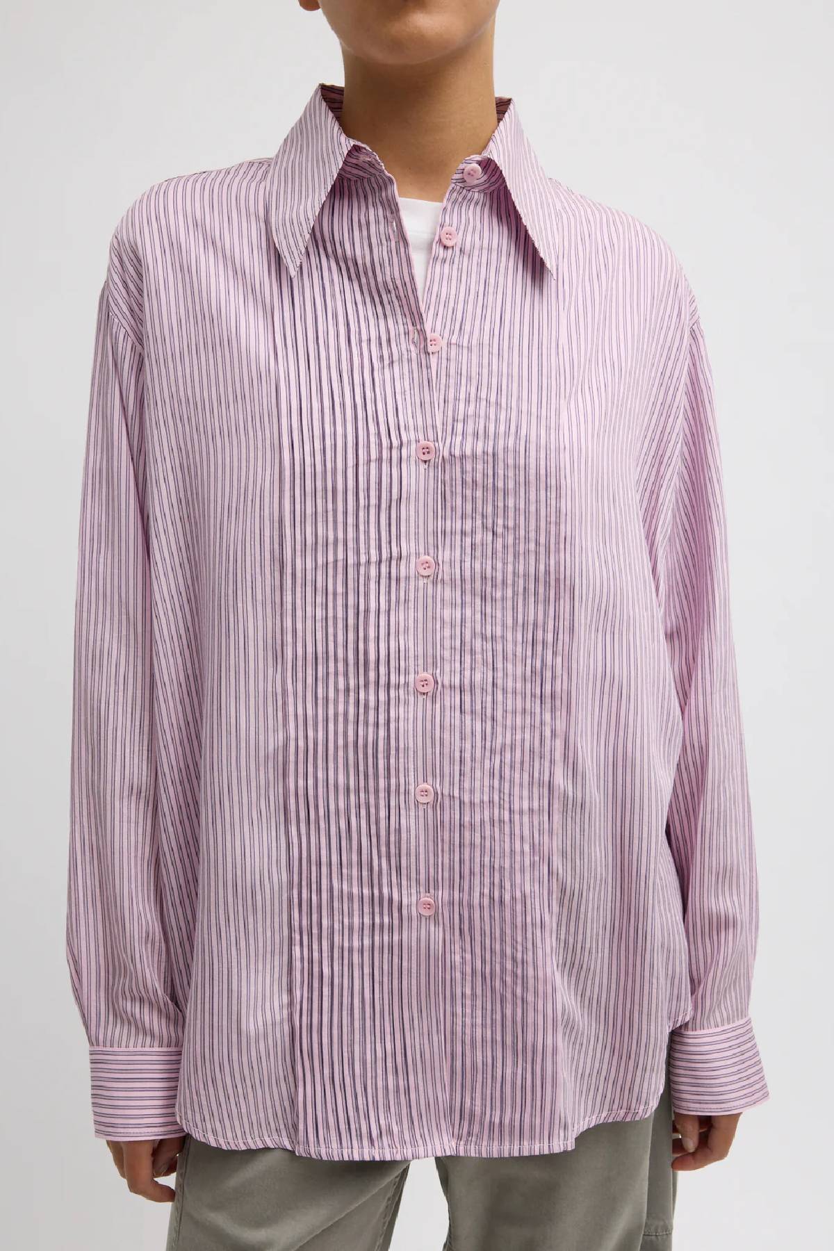 Tibi Ultra Light Silk Tencel Striped Pintucked Shirt