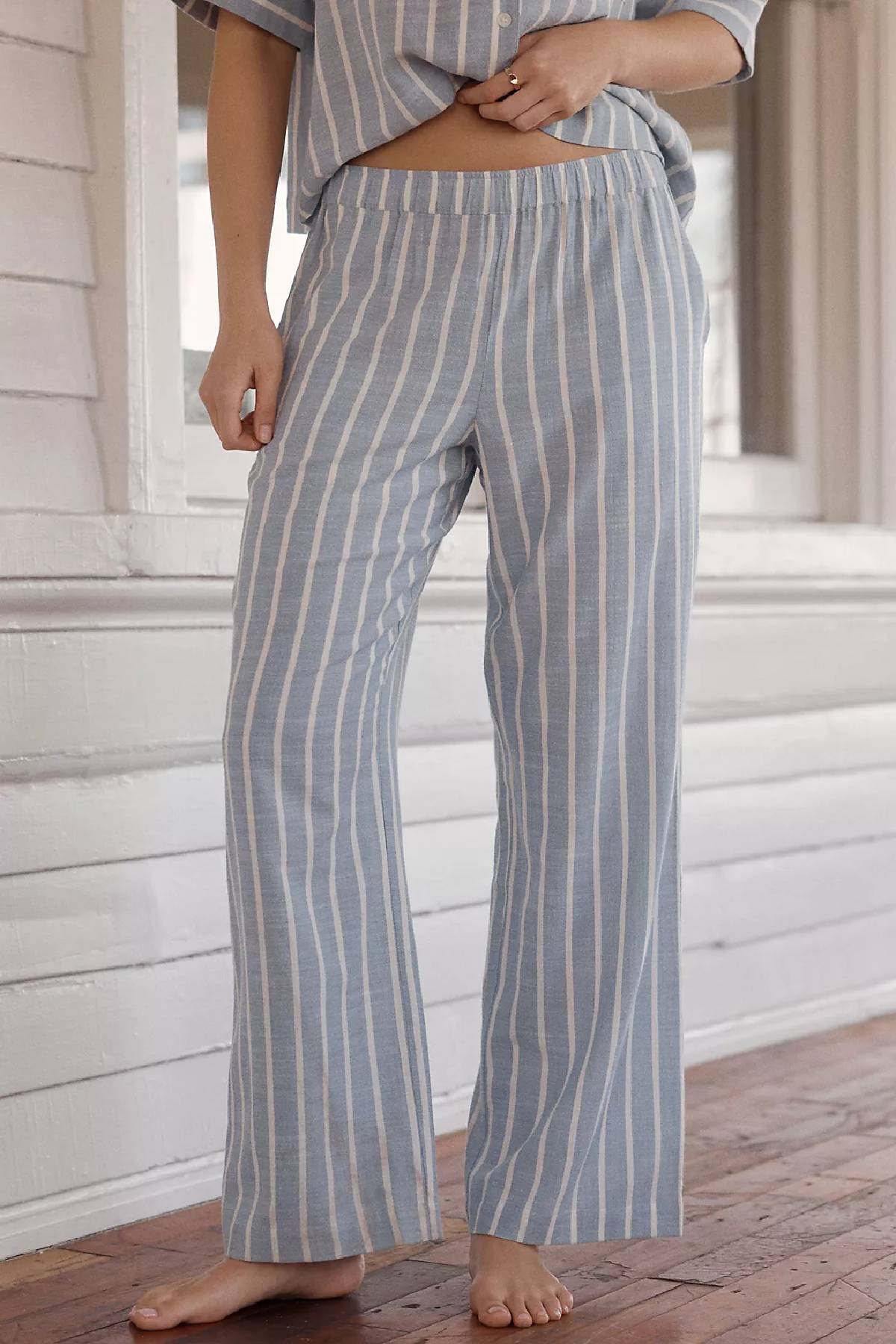 Eberjey Nautico Relaxed Short Sleeve & Pant PJ Set - Classic Stripe Slate Blue/ Ivory