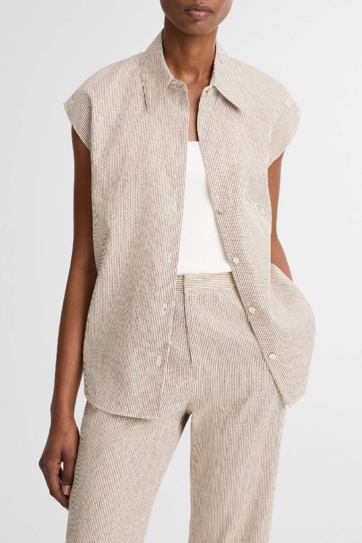 Vince Ticking Stripe Cap Sleeve Blouse