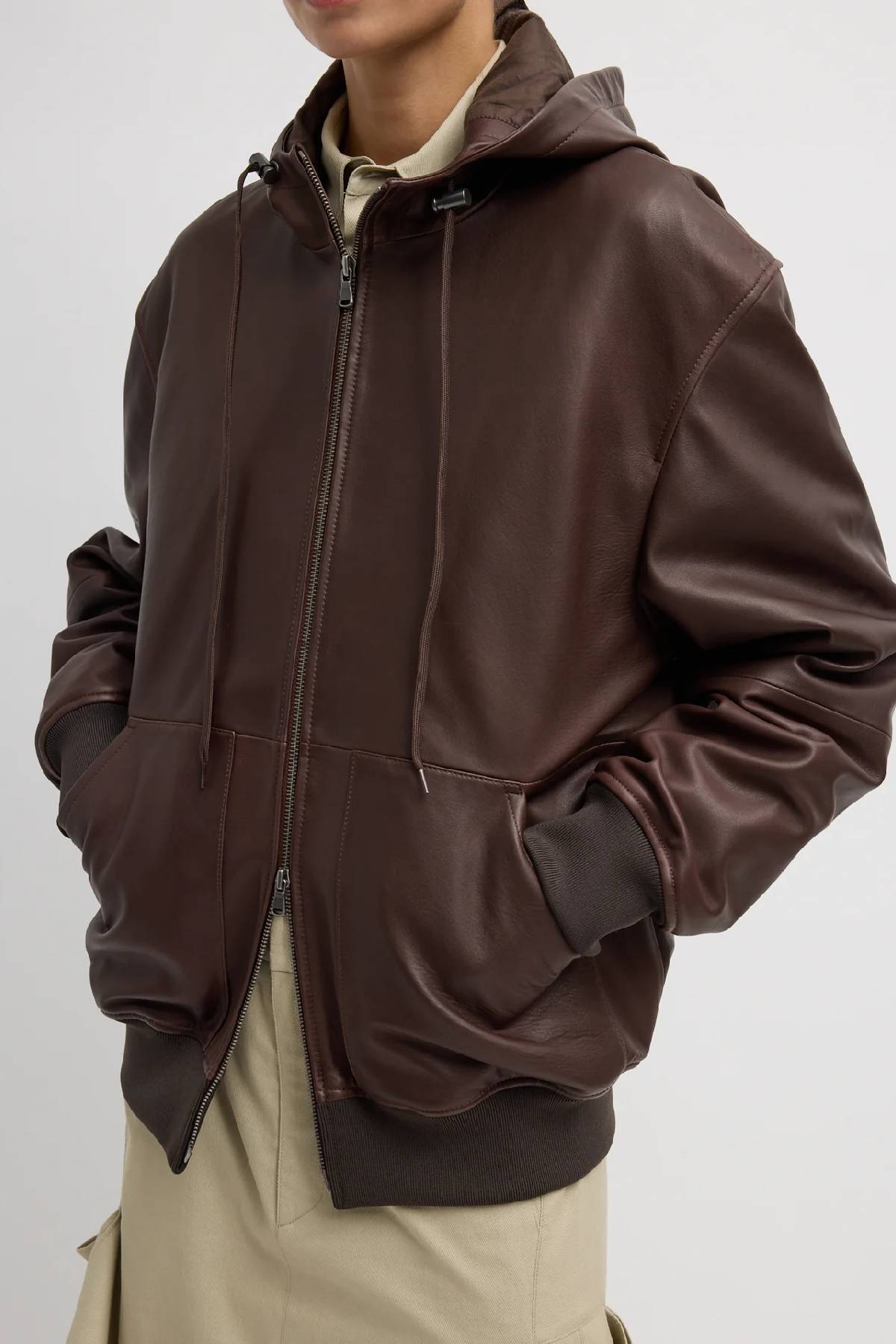 Tibi Leather Zip Up Hoodie Jacket