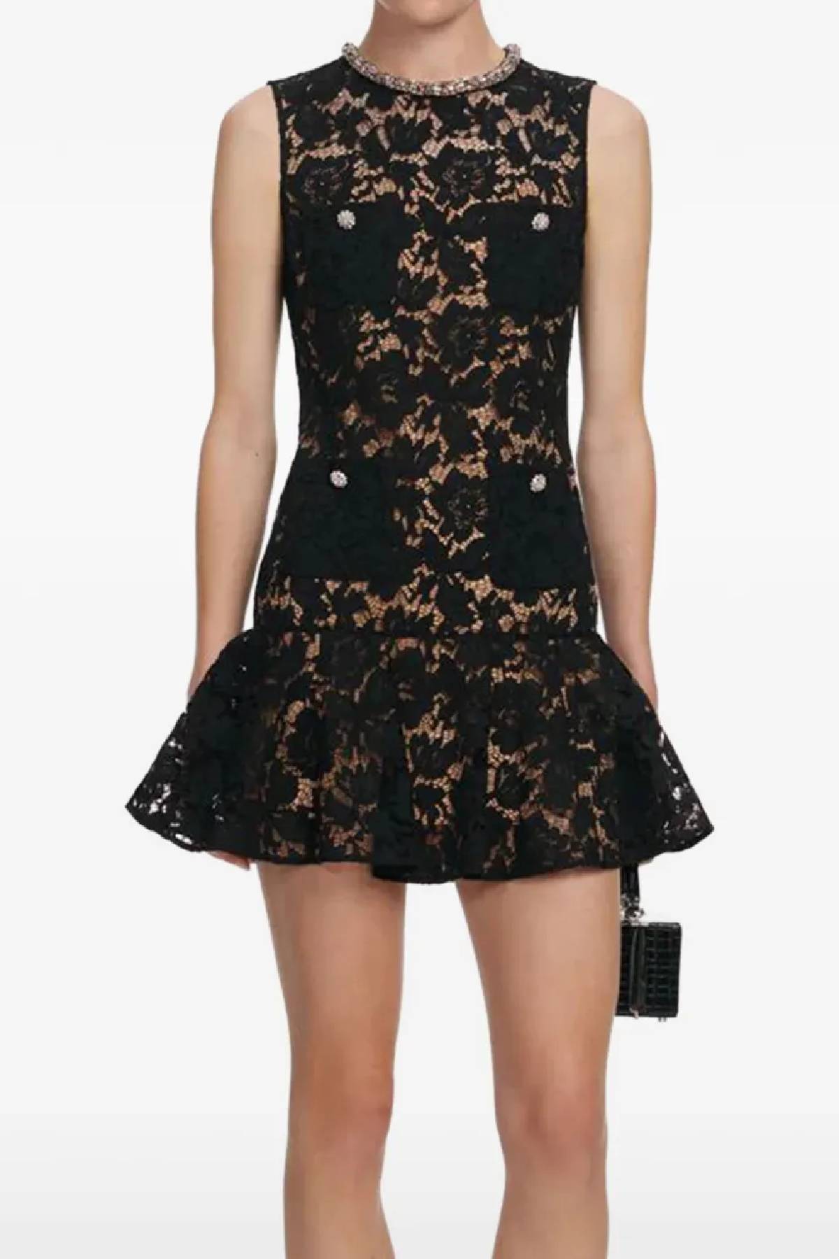 Self-Portrait Black Lace Crystal Mini Dress