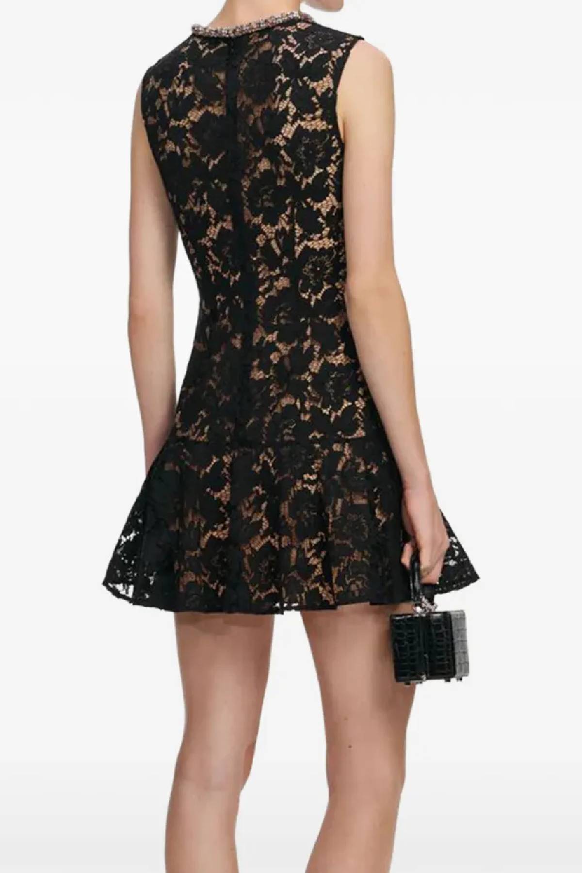 Self-Portrait Black Lace Crystal Mini Dress - Black
