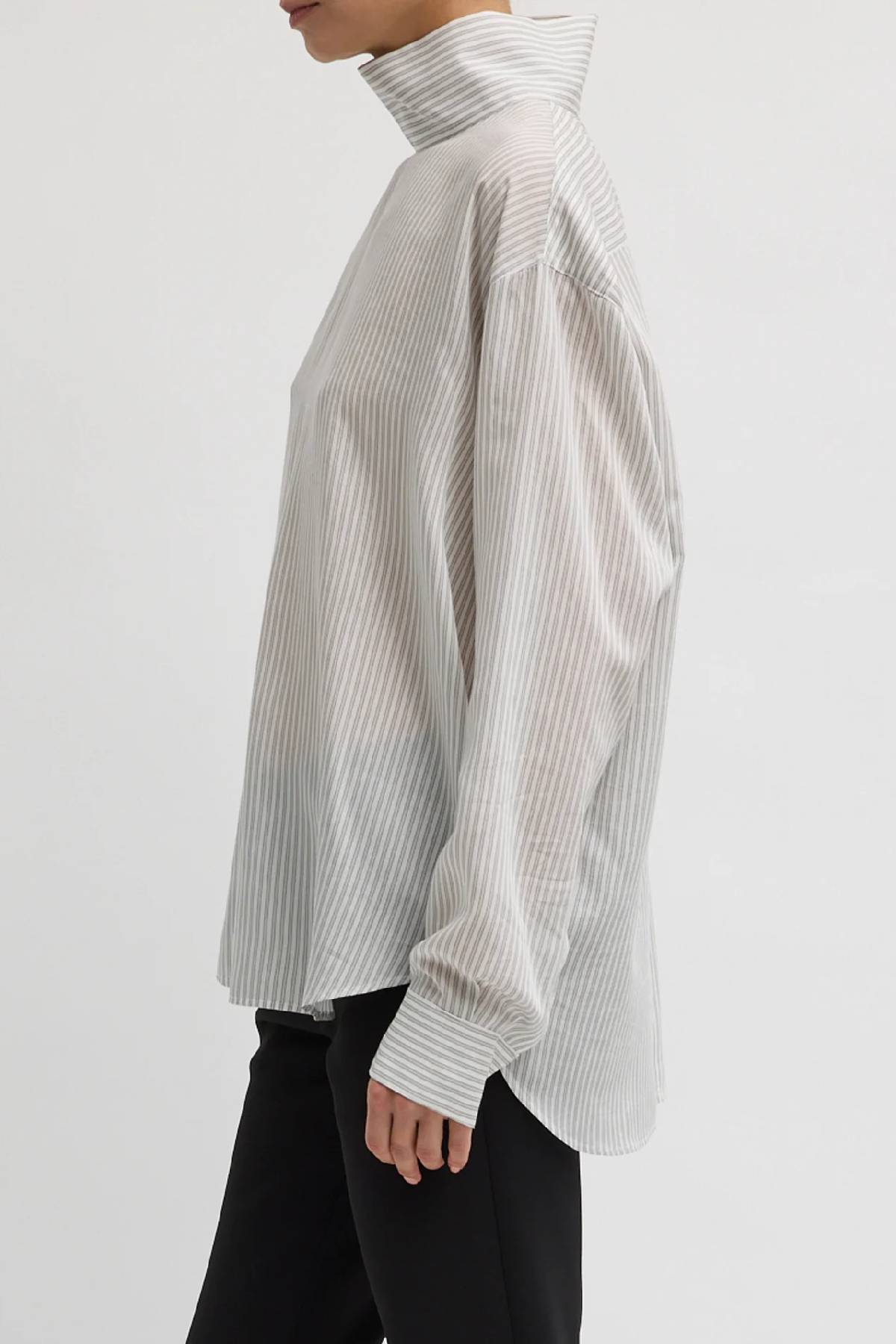 Tibi Ultra Light Silk Tencel Striped Funnel Neck Shirt