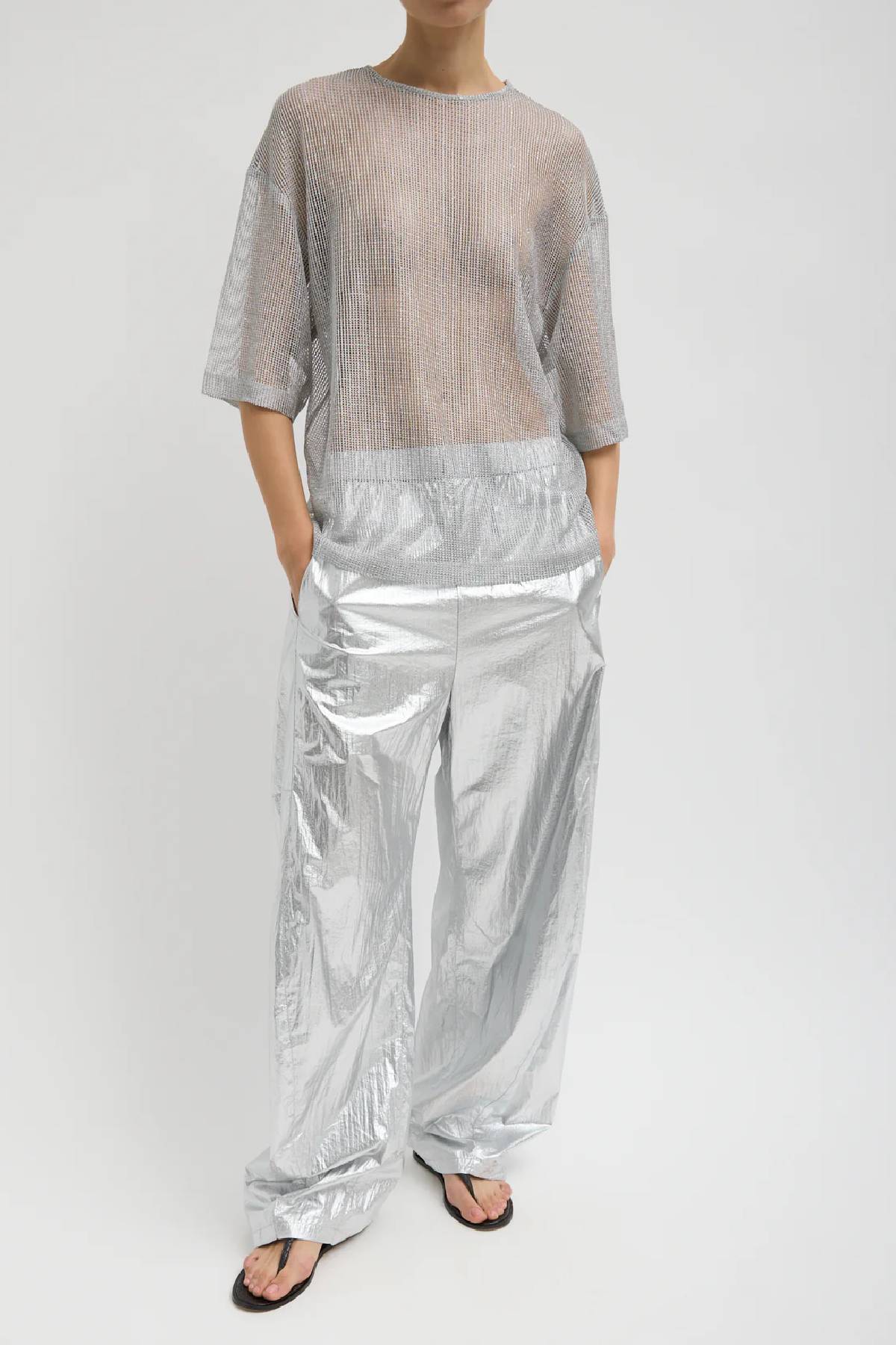 Tibi Viscose Metallic Mesh Easy T-Shirt