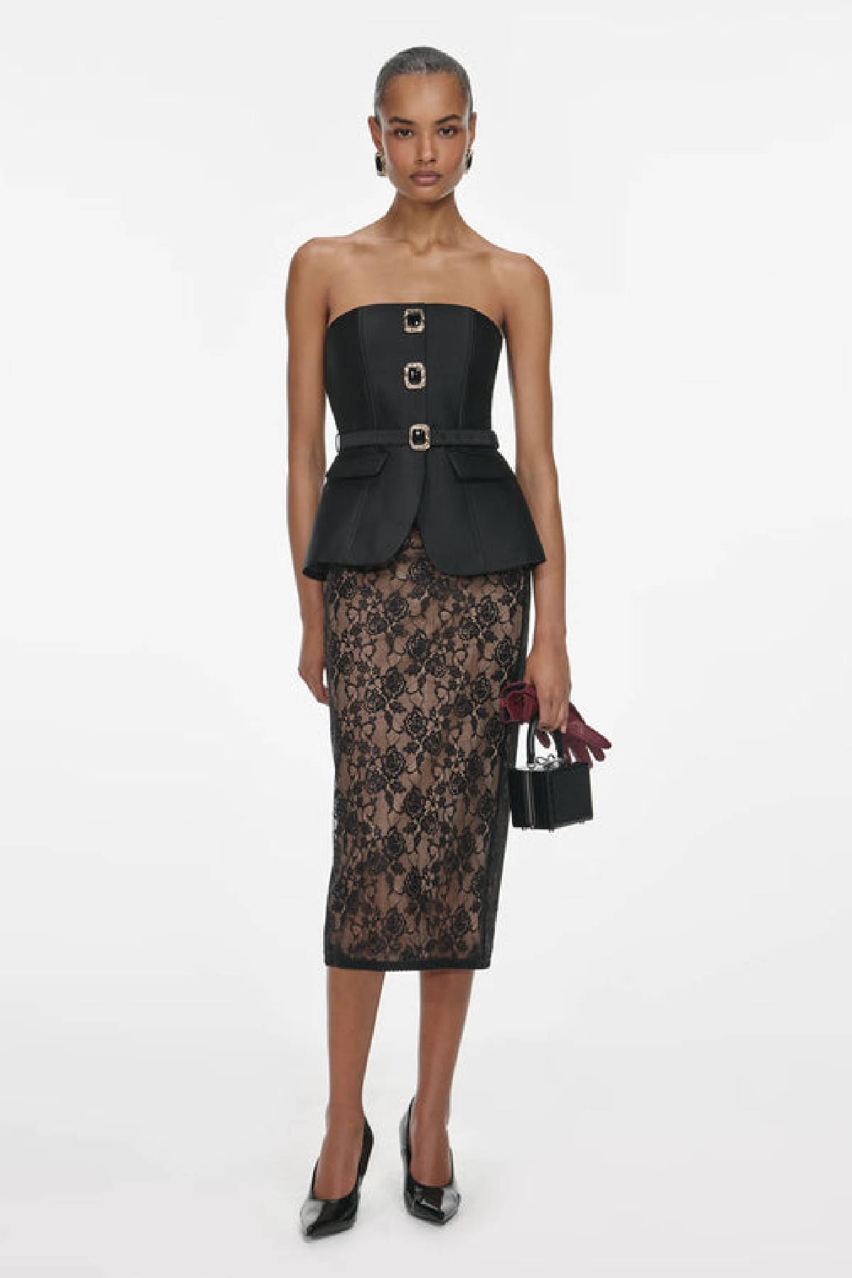 Self-Portrait Black Floral Lace Midi Skirt