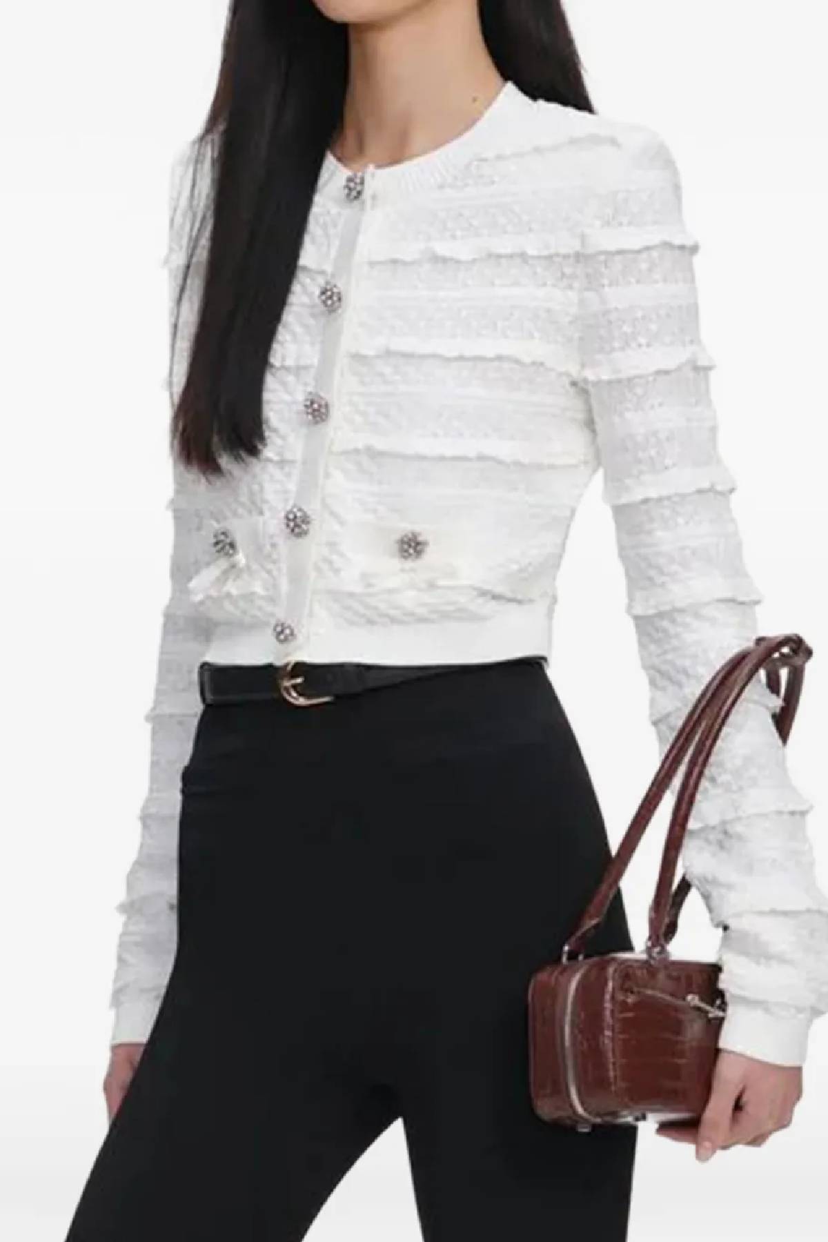 Self-Portrait White Pointelle Diamante Cardigan