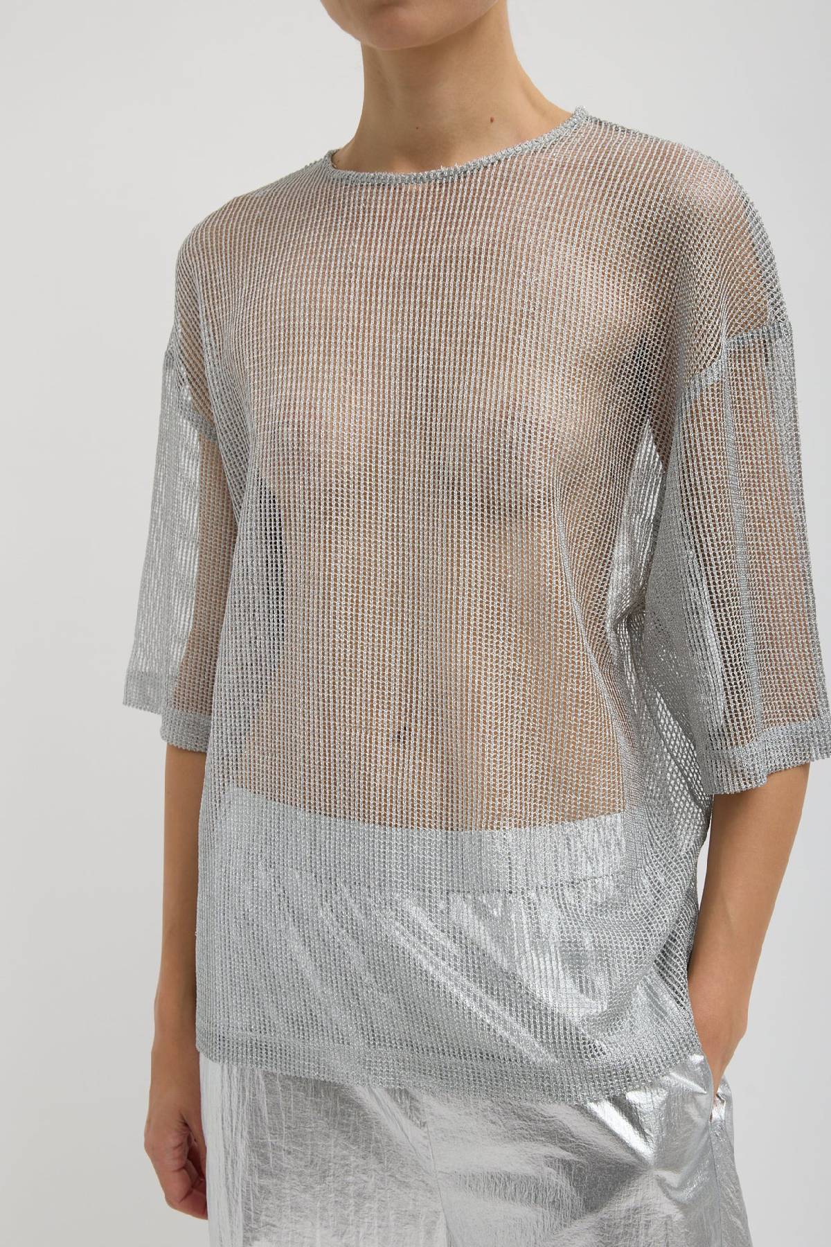 Tibi Viscose Metallic Mesh Easy T-Shirt