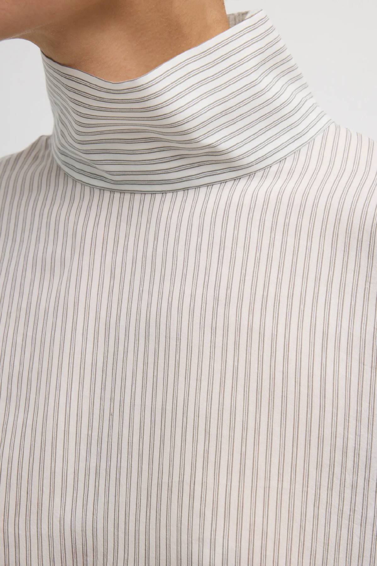 Tibi Ultra Light Silk Tencel Striped Funnel Neck Shirt