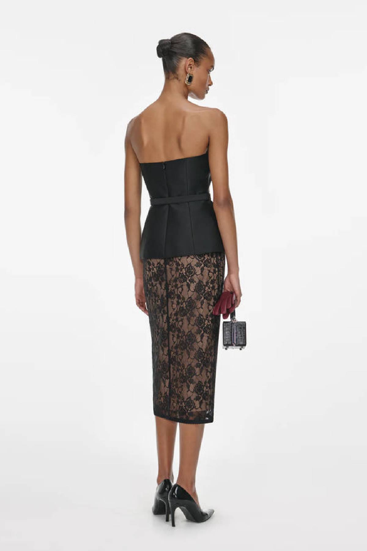 Falda midi de encaje floral negro de autorretrato