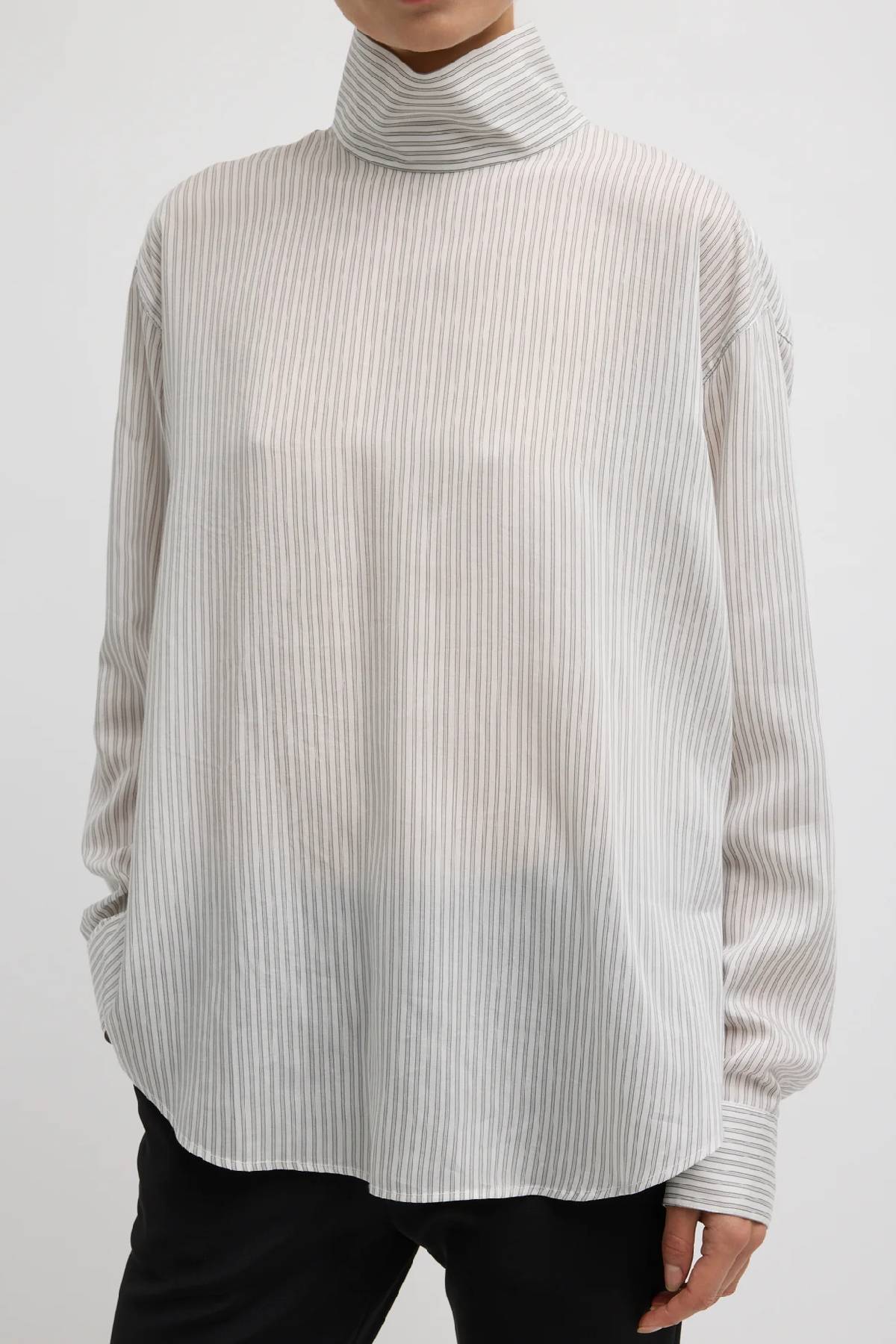 Tibi Ultra Light Silk Tencel Striped Funnel Neck Shirt