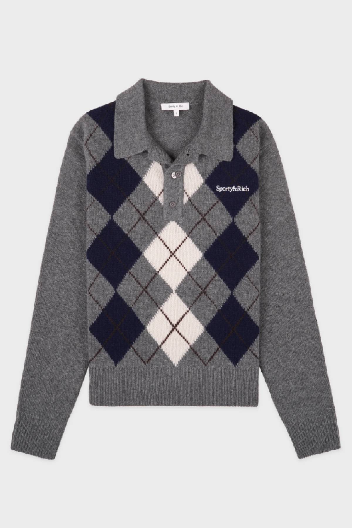 Sporty & Rich Serif Logo Argyle Cashmere Polo