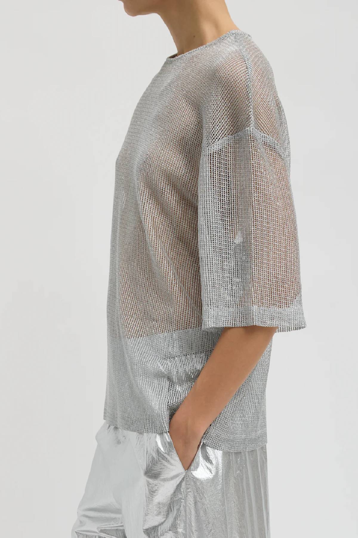 Tibi Viscose Metallic Mesh Easy T-Shirt