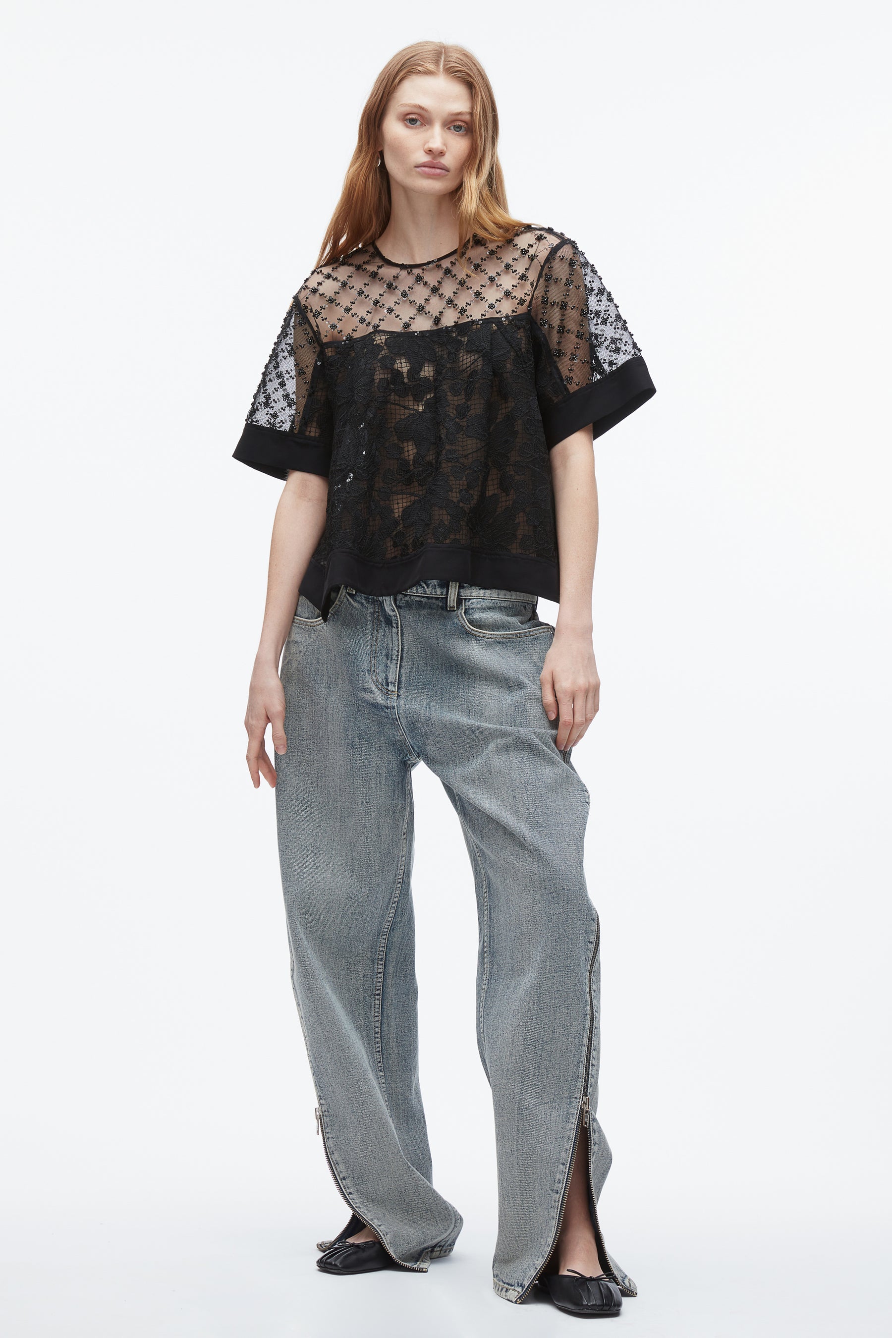 3.1 Phillip Lim Corded Lace Organza Short Sleeve Flounce Top