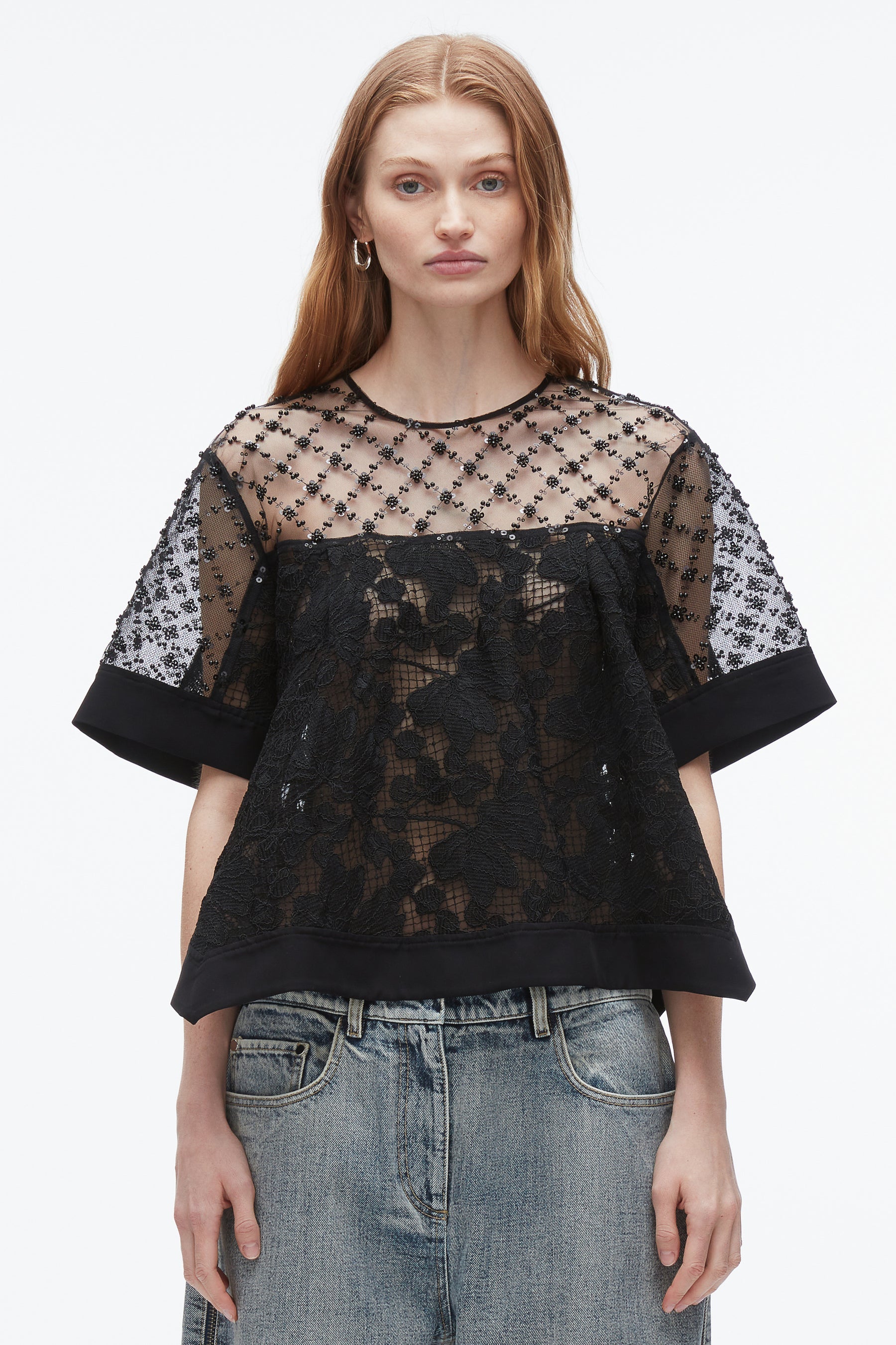 3.1 Phillip Lim Corded Lace Organza Short Sleeve Flounce Top