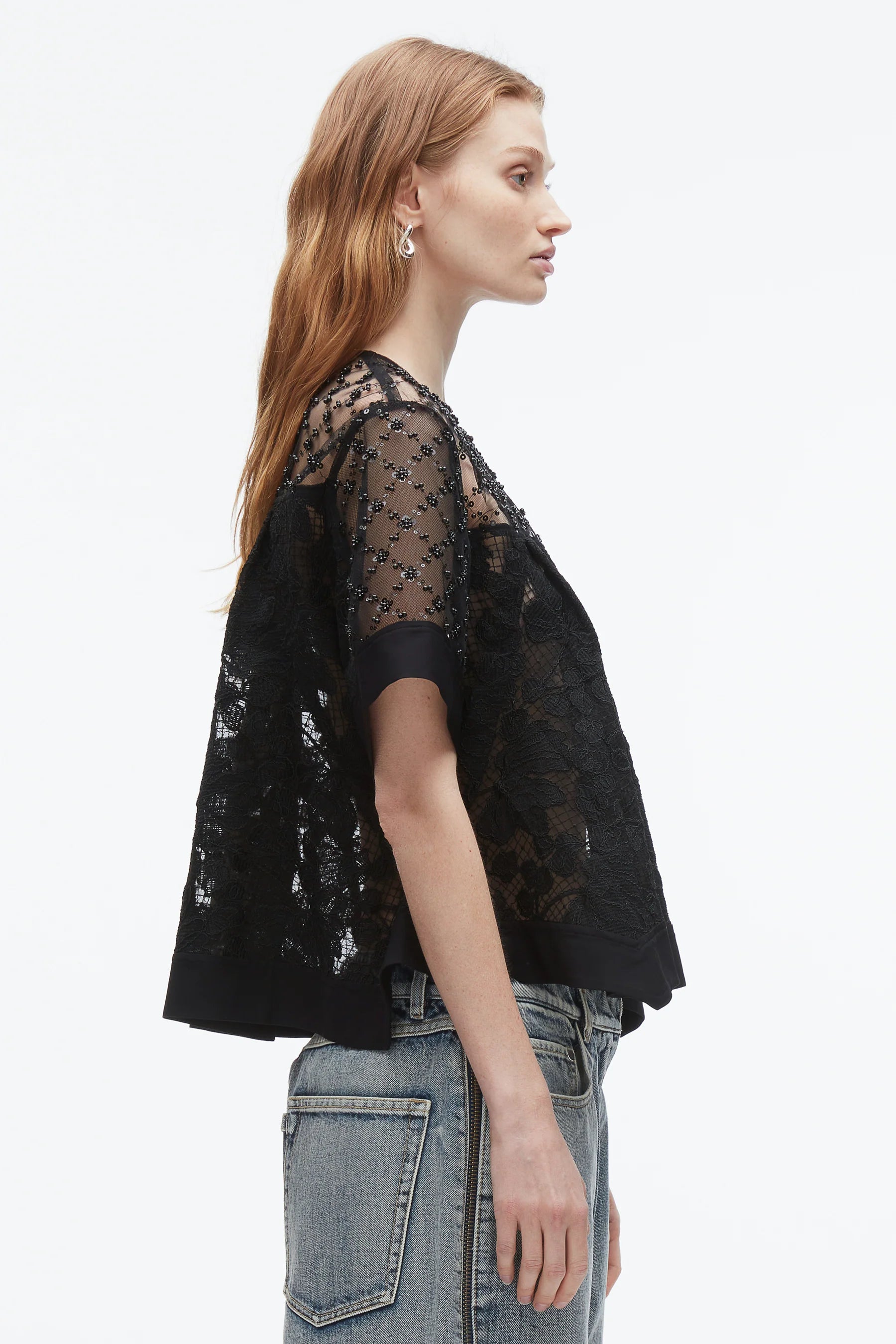 3.1 Phillip Lim Corded Lace Organza Short Sleeve Flounce Top