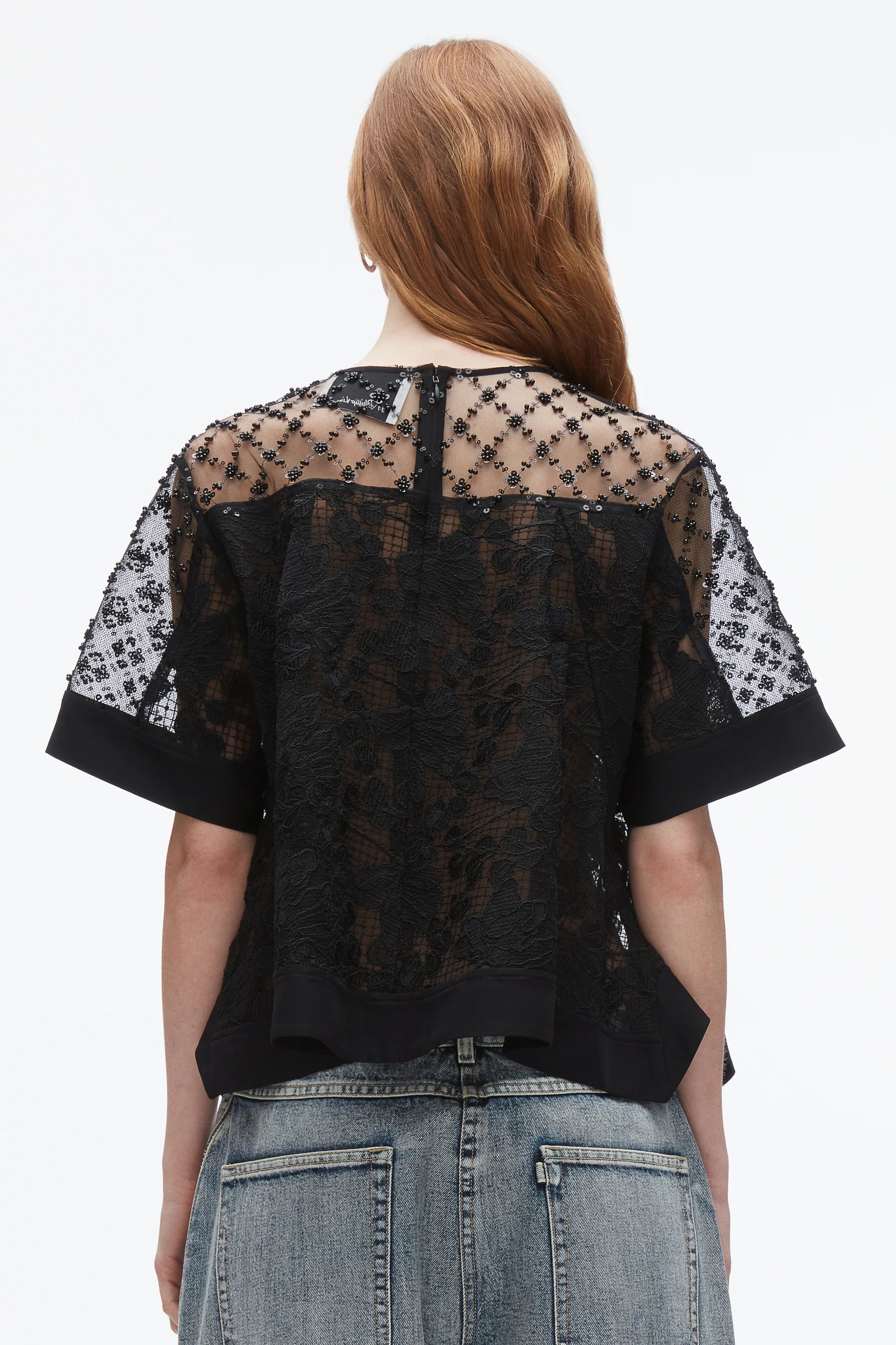 3.1 Phillip Lim Corded Lace Organza Short Sleeve Flounce Top