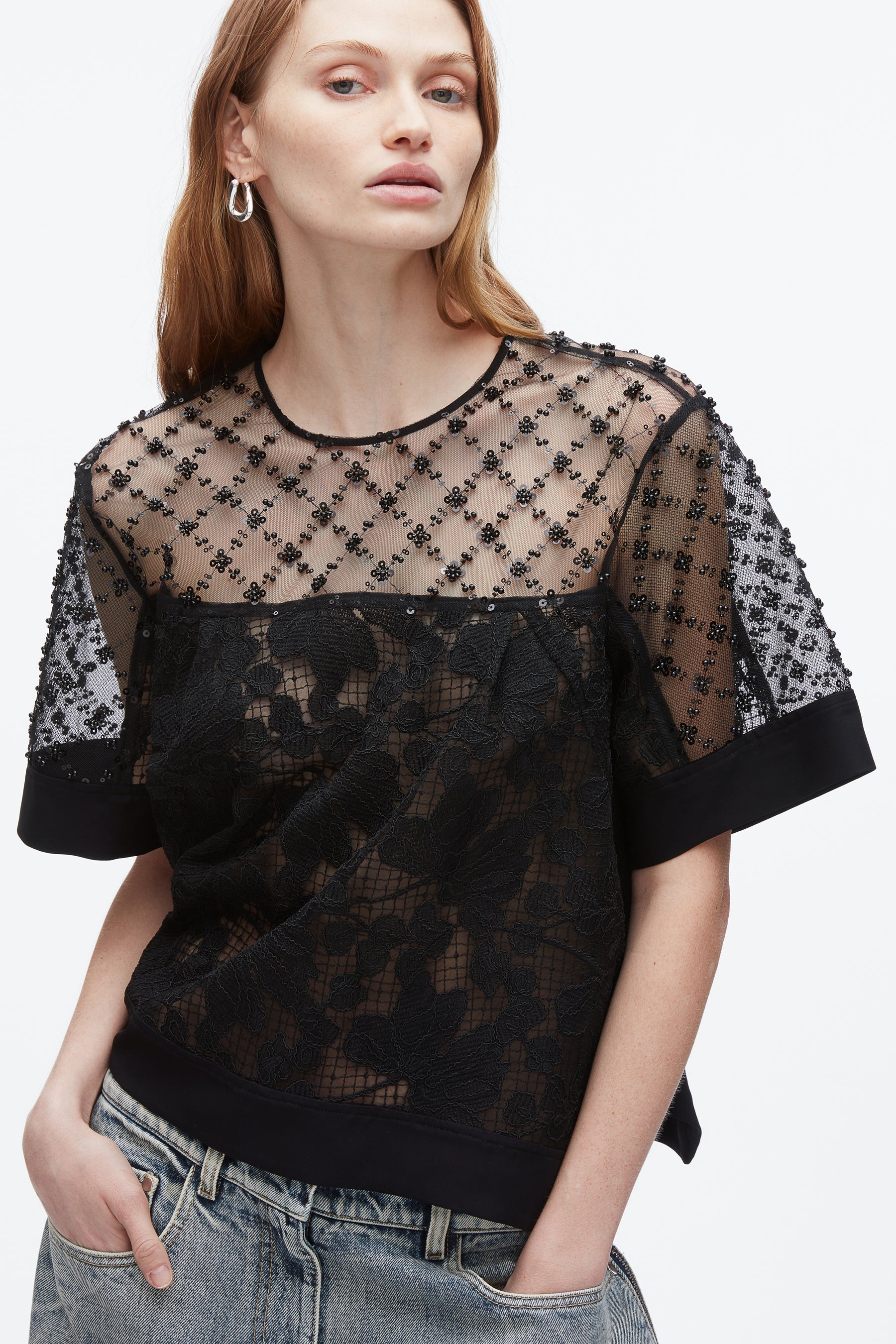 3.1 Phillip Lim Corded Lace Organza Short Sleeve Flounce Top